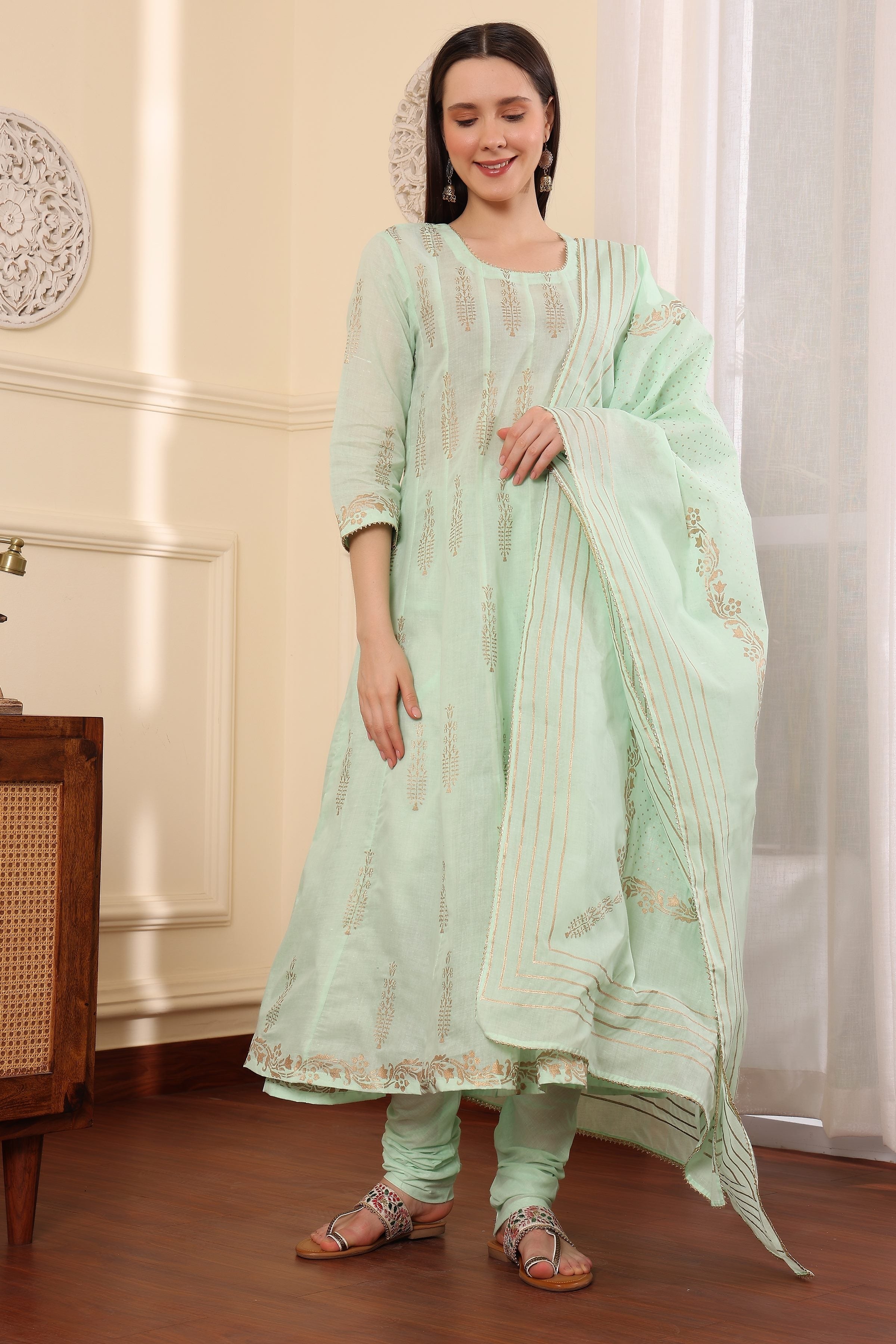 Kaanchie Nanggia Lime Green Printed Kalidar Kurta Dupatta with Churidar (Set of 3)