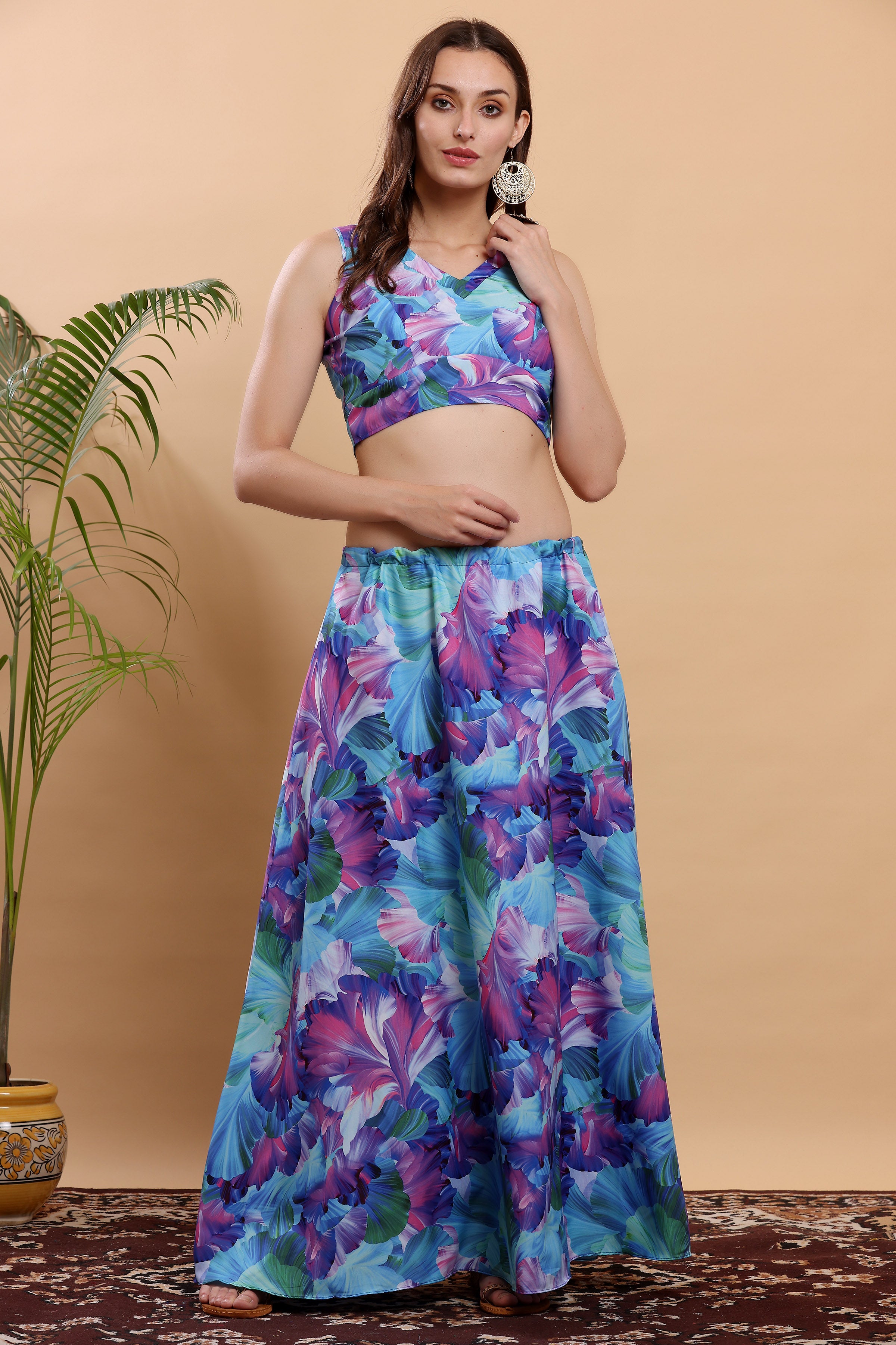 Kaanchie Nanggia Blue & Pink Printed Ready to Wear Lehenga & Choli (Set of 2)