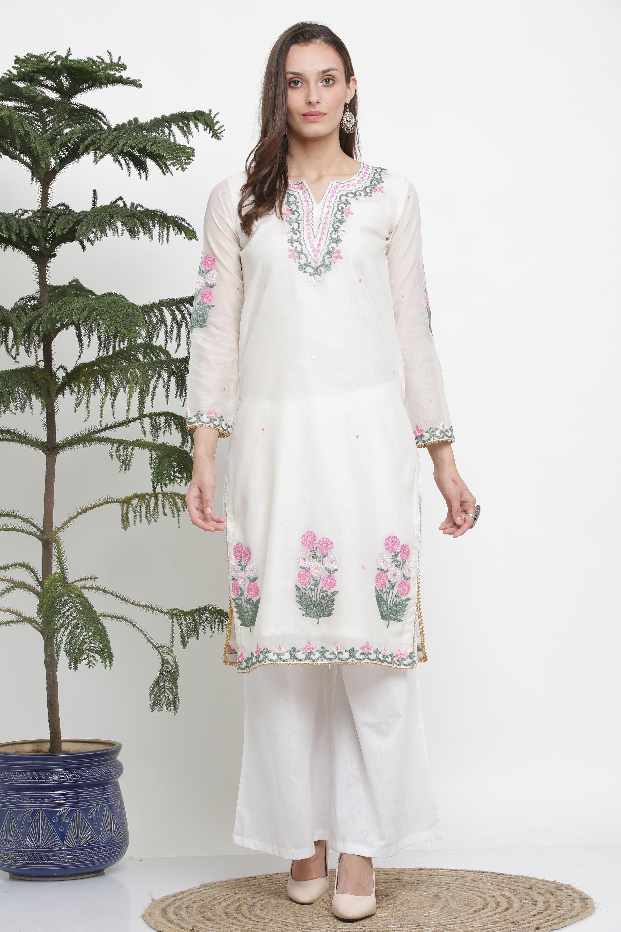 Kaanchie Nanggia White Embroidred A Line Kurta And Pant (Set of 2)