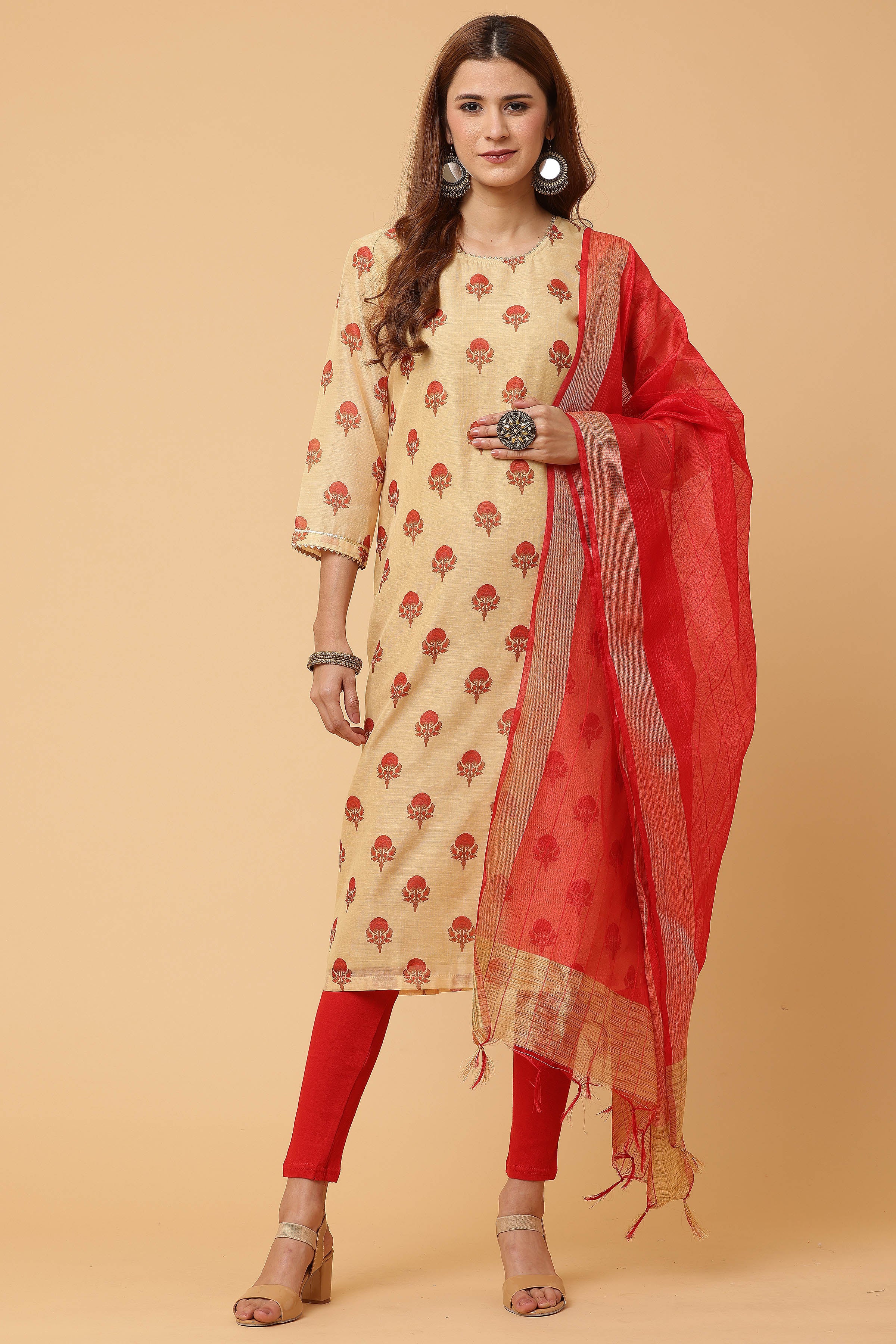 Kaanchie Nanggia Beige Digital Printed Kurta Legging with Dupatta (Set of 3)