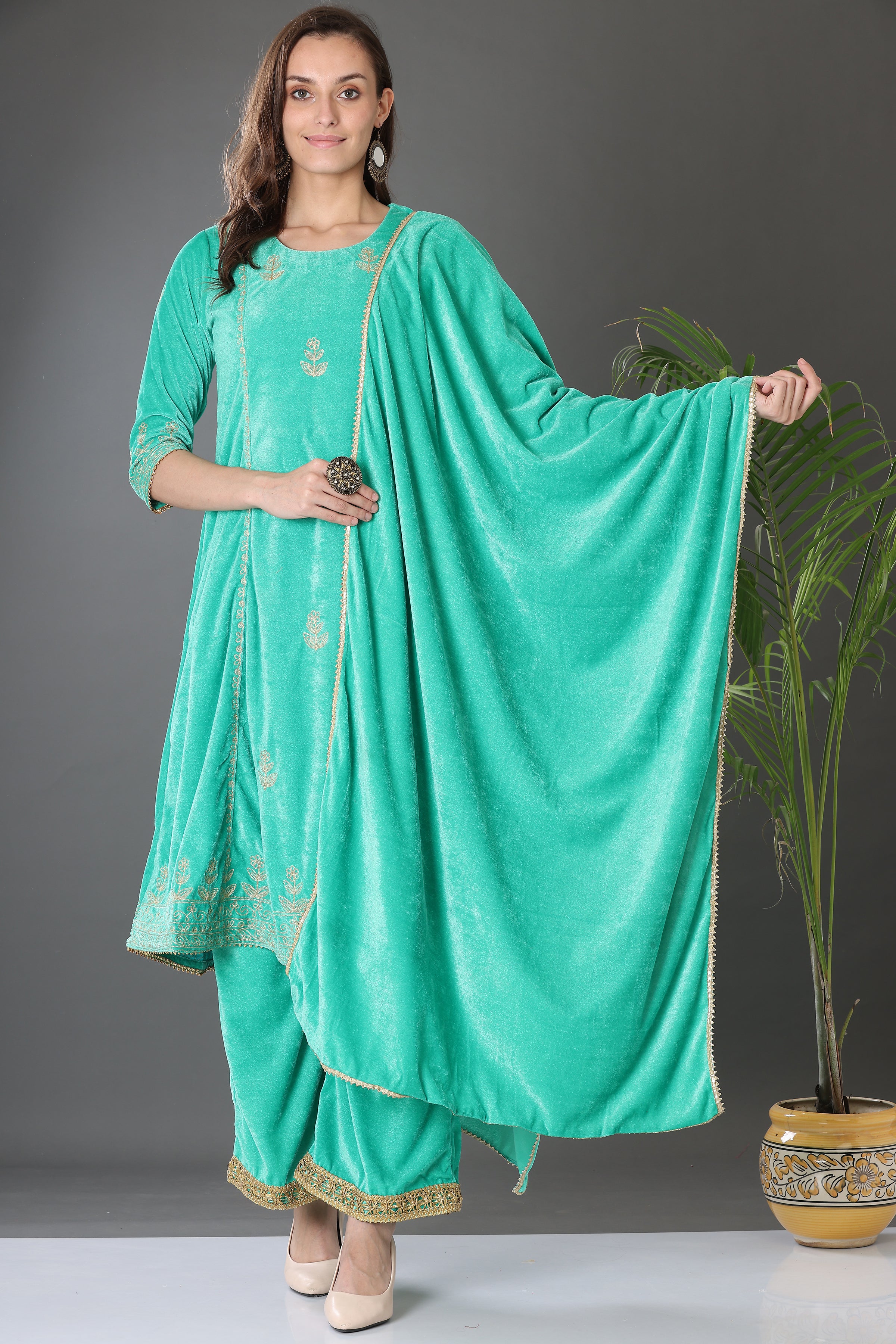 Kaanchie Nanggia Green Velvet Embroidered Kurta Palazzo and Dupatta (Set of 3)