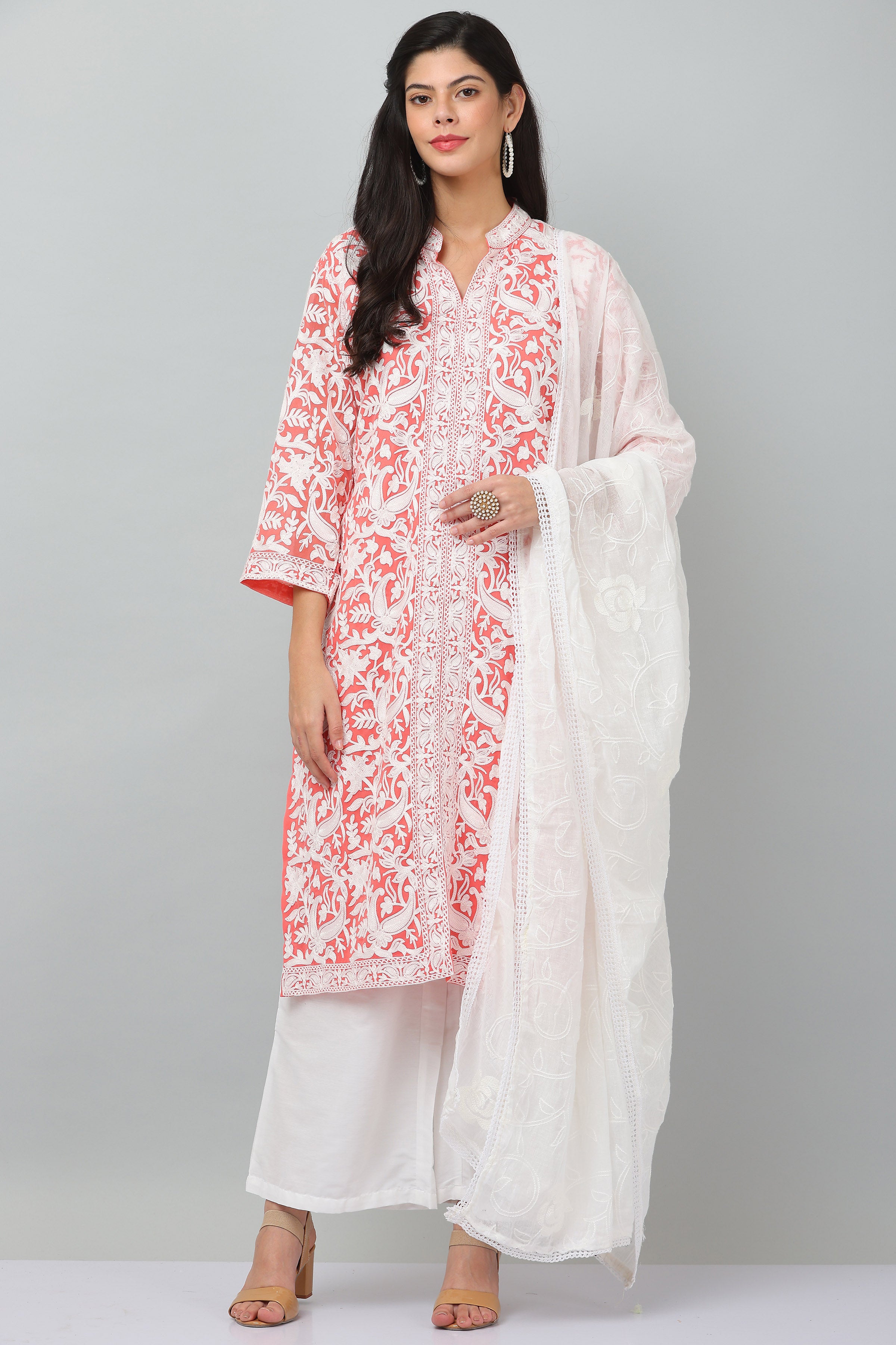 Kaanchie Nanggia Peach Georgette Embroidered Kurta & Dupatta with Pant (Set of 3)