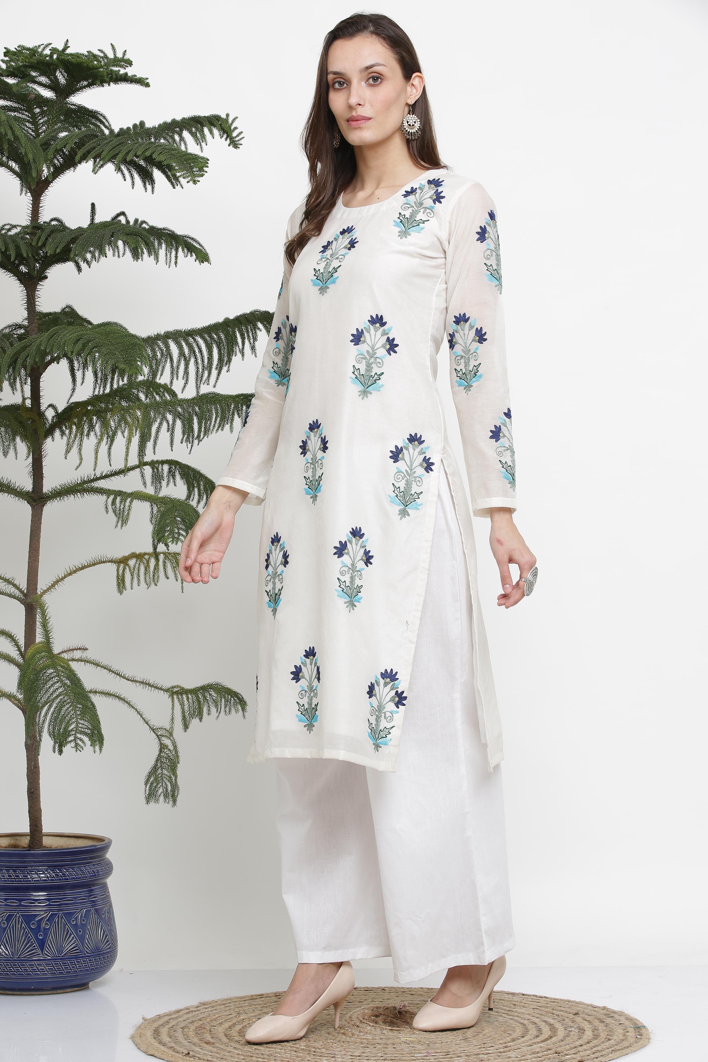 Kaanchie Nanggia White Embroidred A Line Kurta And Pant (Set of 2)