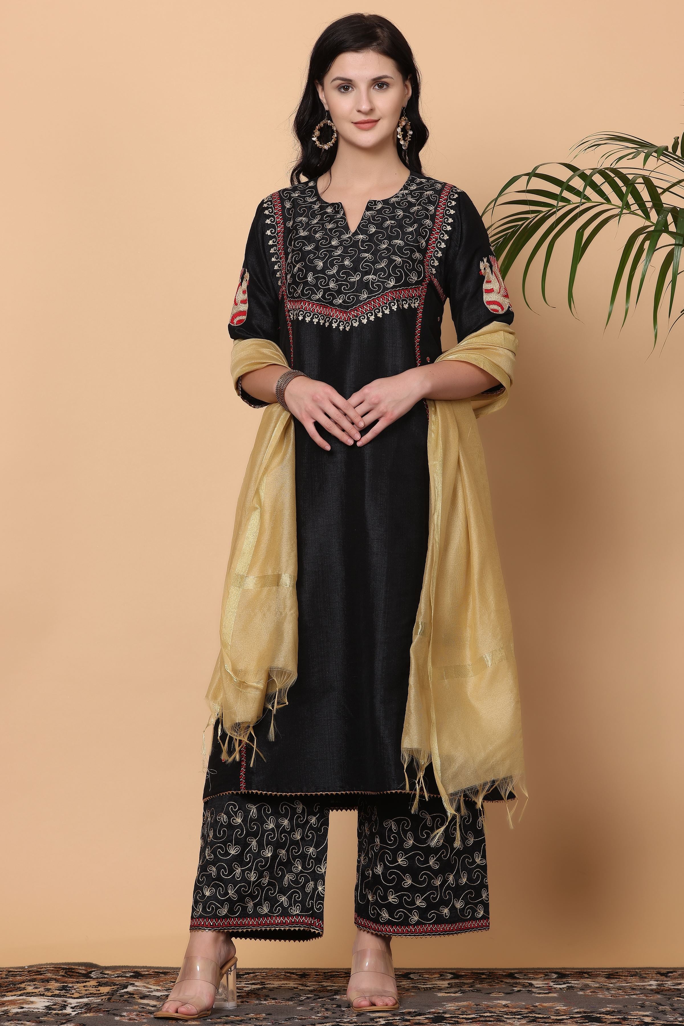 Kaanchie Nanggia Black Embroidered Kurta Palazzo with Gold Dupatta (Set of 3)