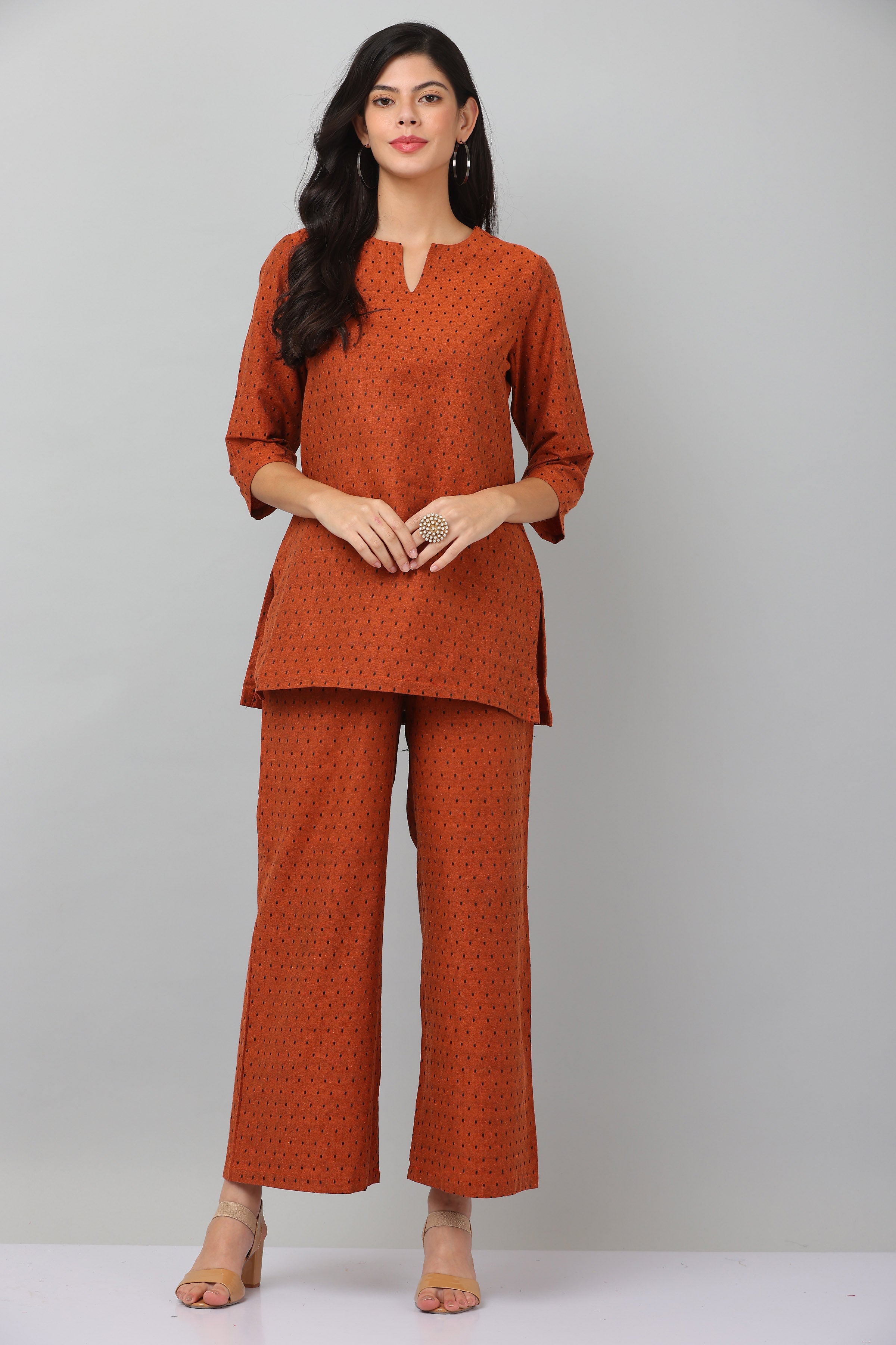 Kaanchie Nanggia Lite Brown Causal Wear Short Kurta & Pants (Set of 2)