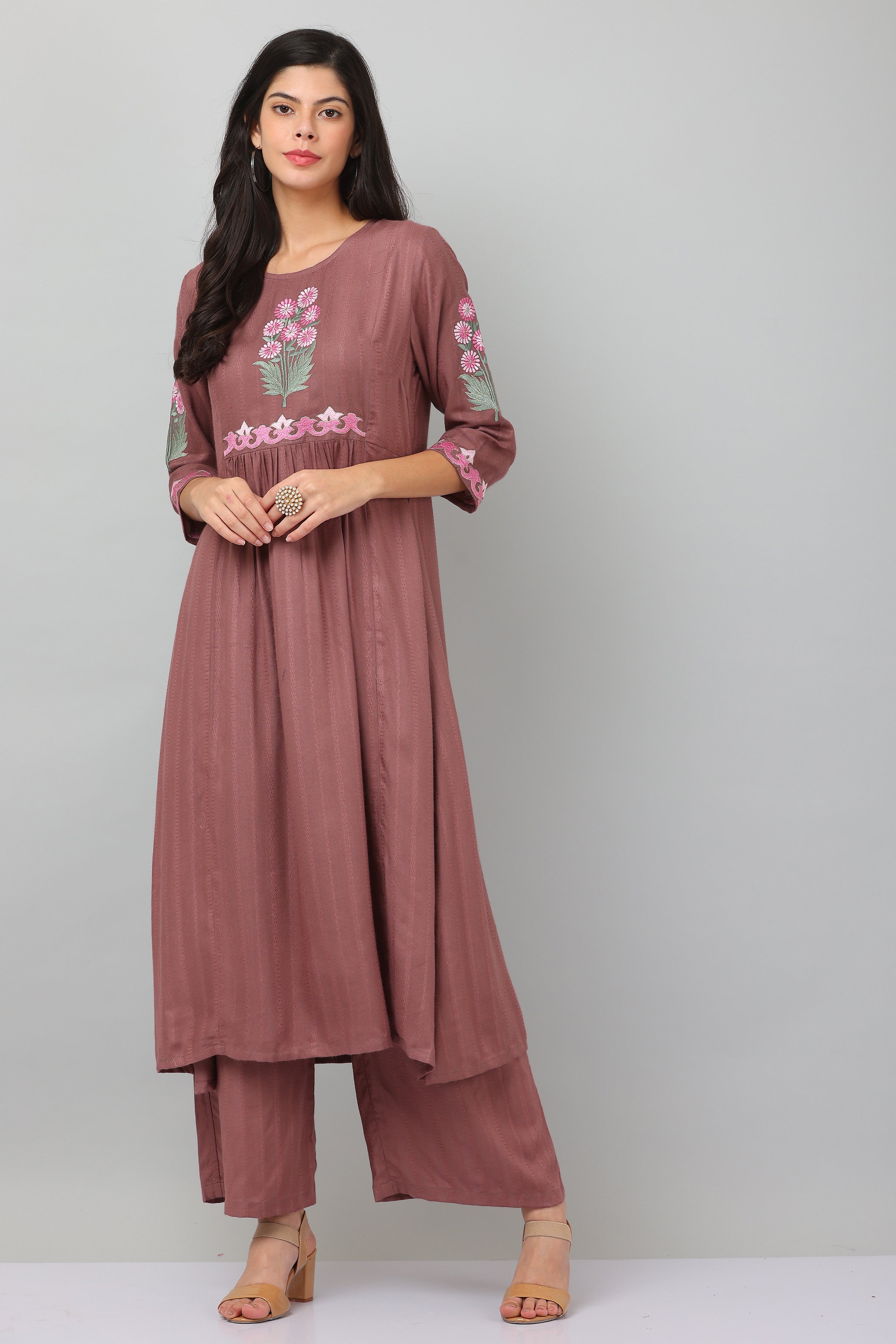 Kaanchie Nanggia Mauve Flared Kurta & Palazzo (Set of 2)