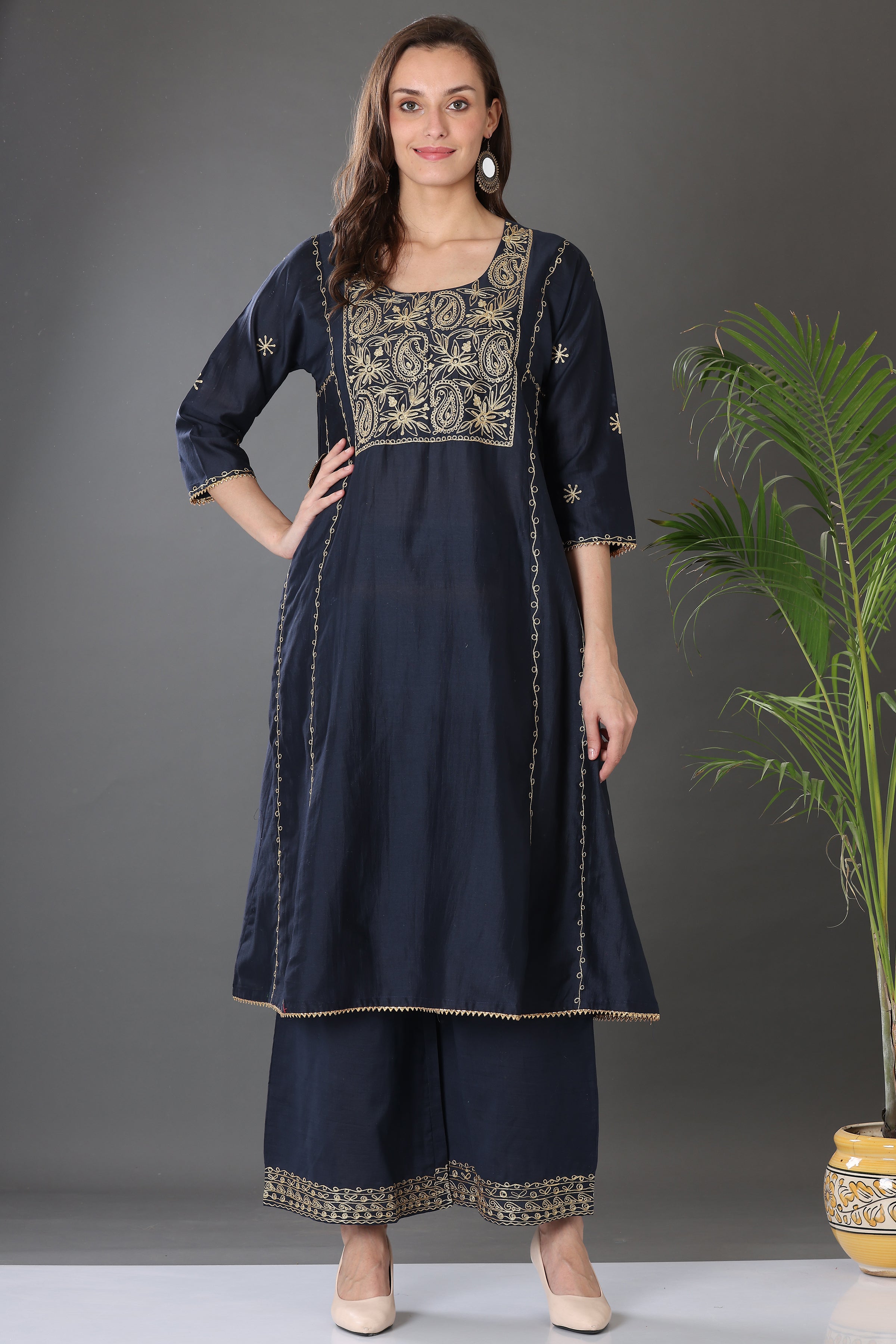Kaanchie Nanggia Navy Blue Embroidered Cotton Silk Kurta Palazzo (Set of 2)