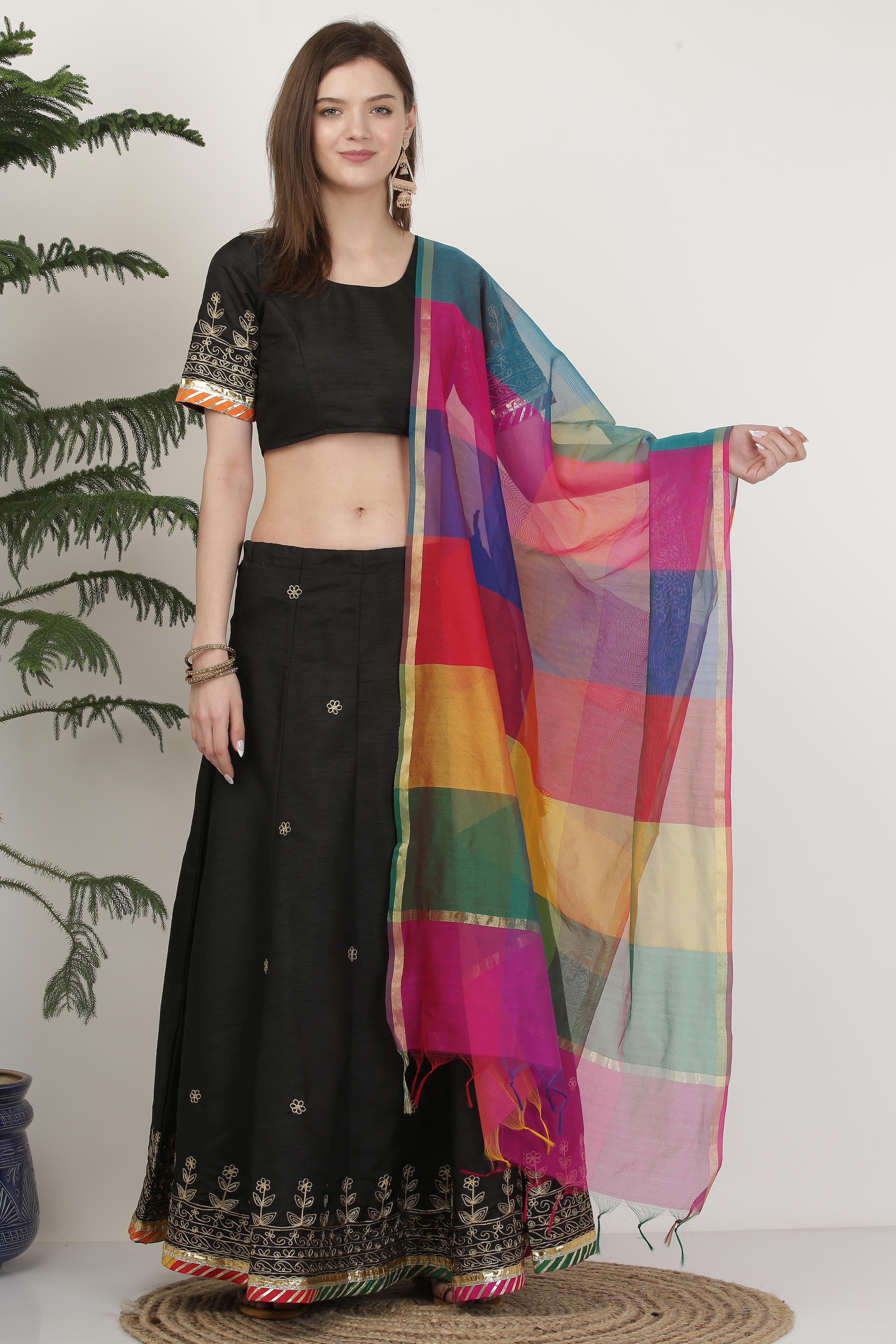 Kaanchie Nanggia Black Embroidered Ready to Wear Lehenga & Blouse With Dupatta (Set of 3)