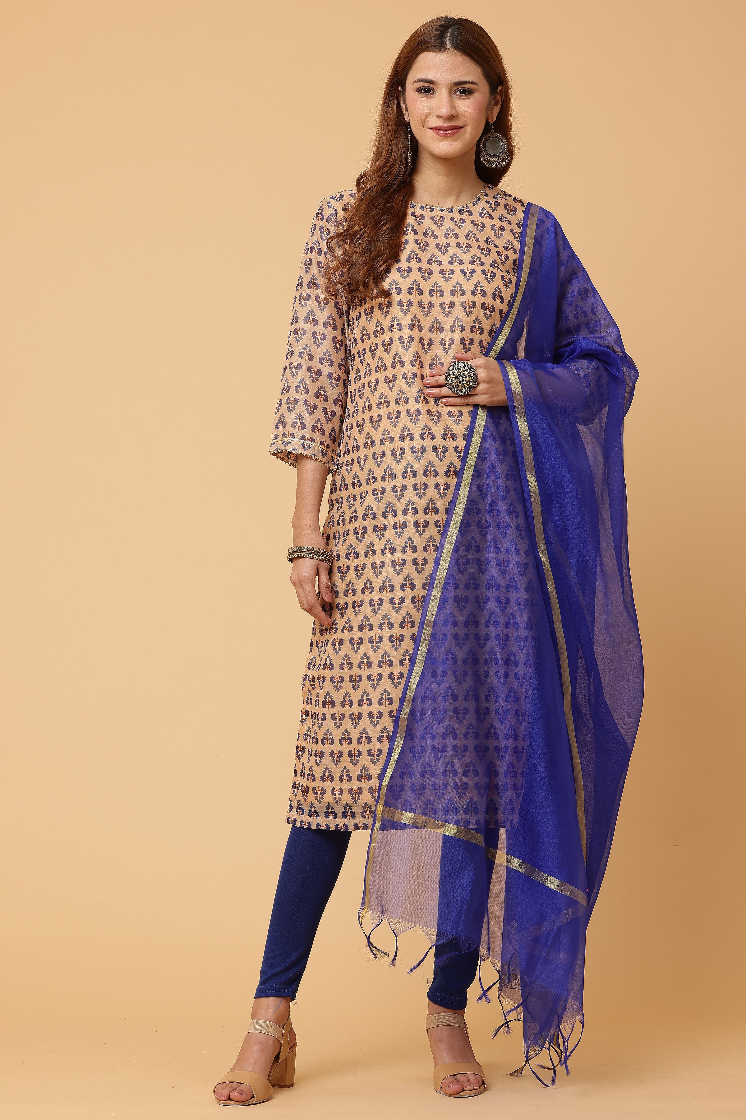 Kaanchie Nanggia Beige Digital Printed Kurta Legging with Dupatta (Set of 3)