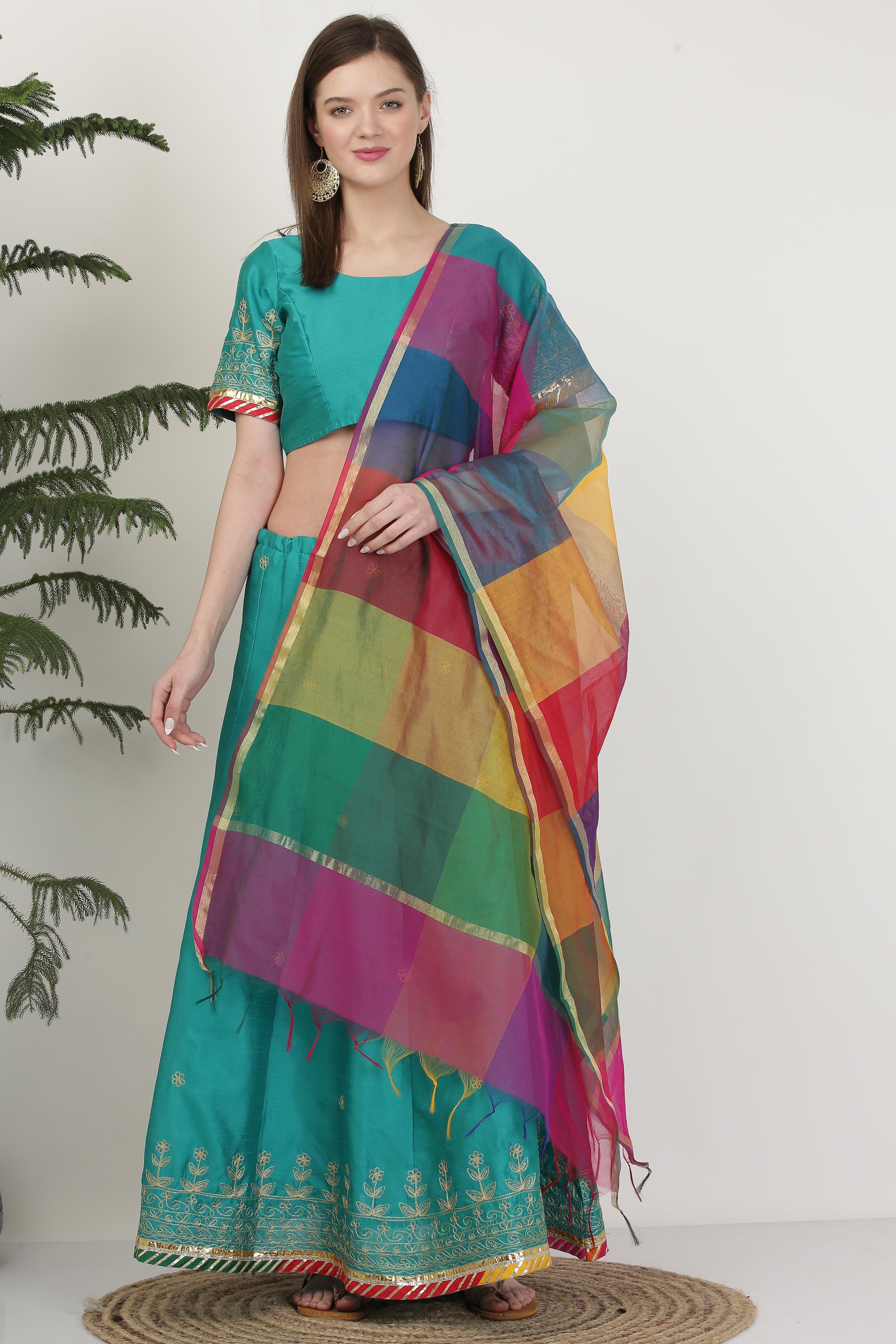 Kaanchie Nanggia Turquoise Blue Embroidered Ready to Wear Lehenga & Blouse With Dupatta (Set of 3)