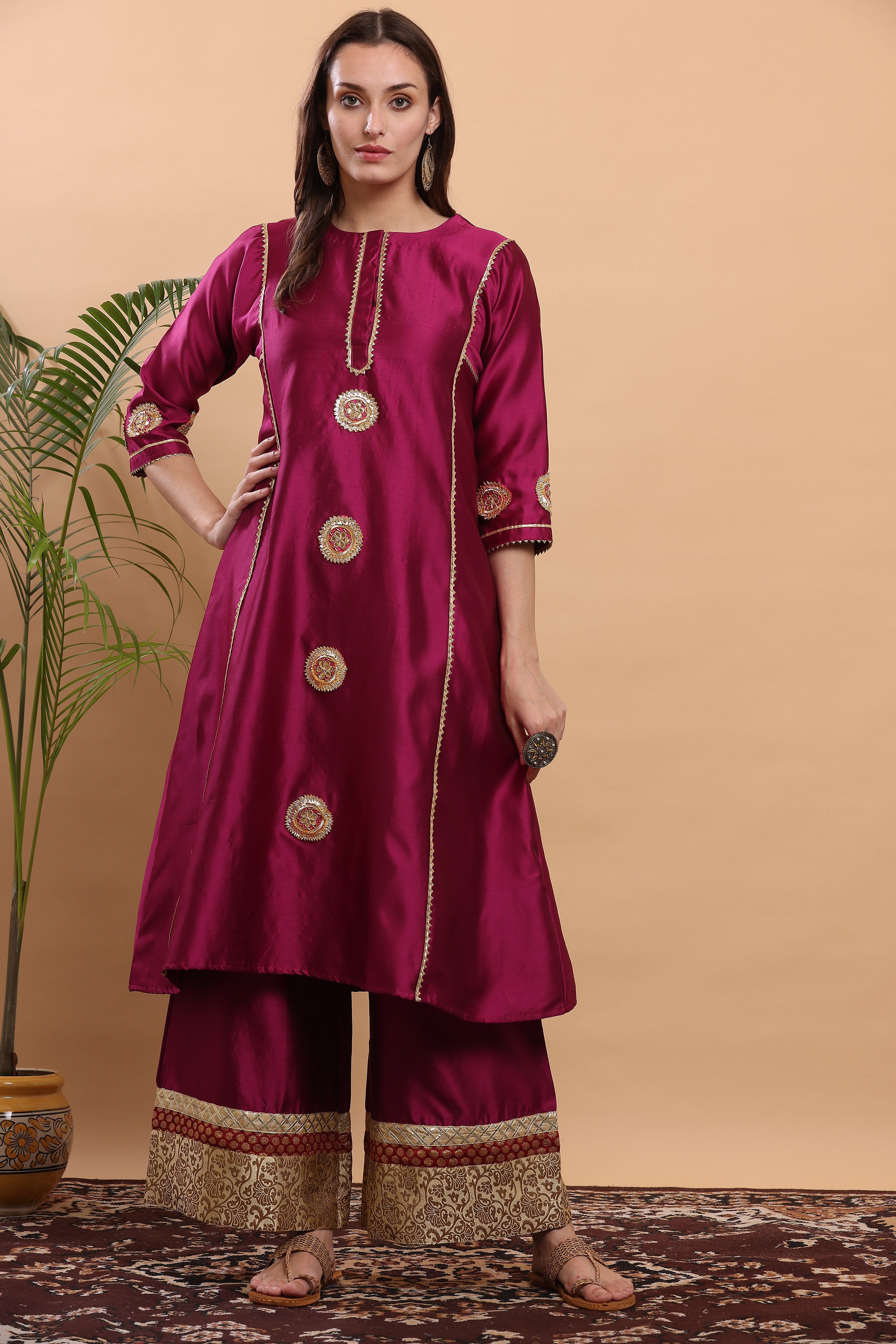 Kaanchie Nanggia Dark Pink Flayred Gota Work Kurta Palazzo (Set of 2)