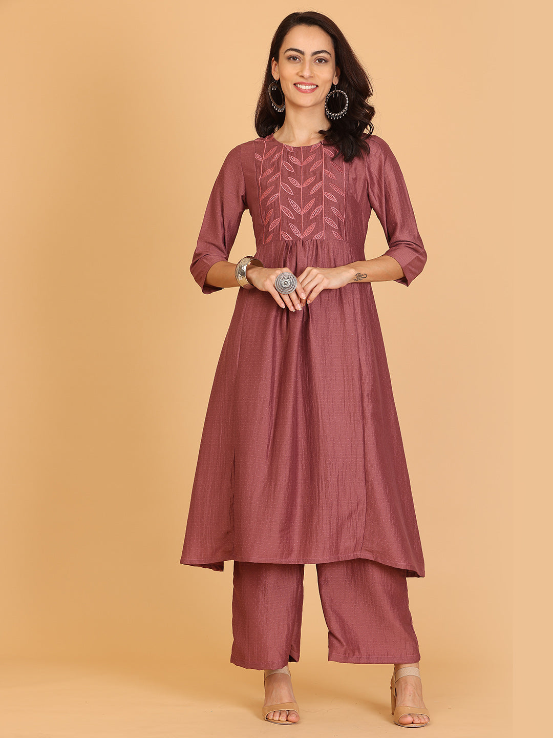 Kaanchie Nanggia Mauve Embroidered Flayred Kurta with Palazzo (Set of 2)