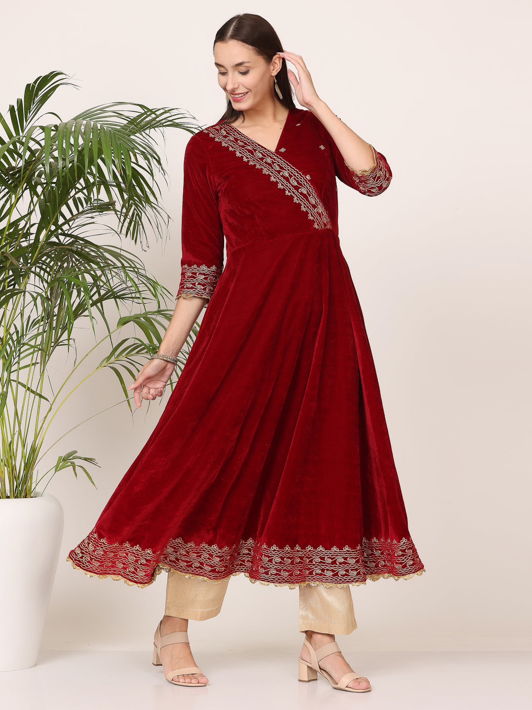 Kaanchie Nanggia Maroon Velvet Embroidered Anarkali with Pant (Set of 2)