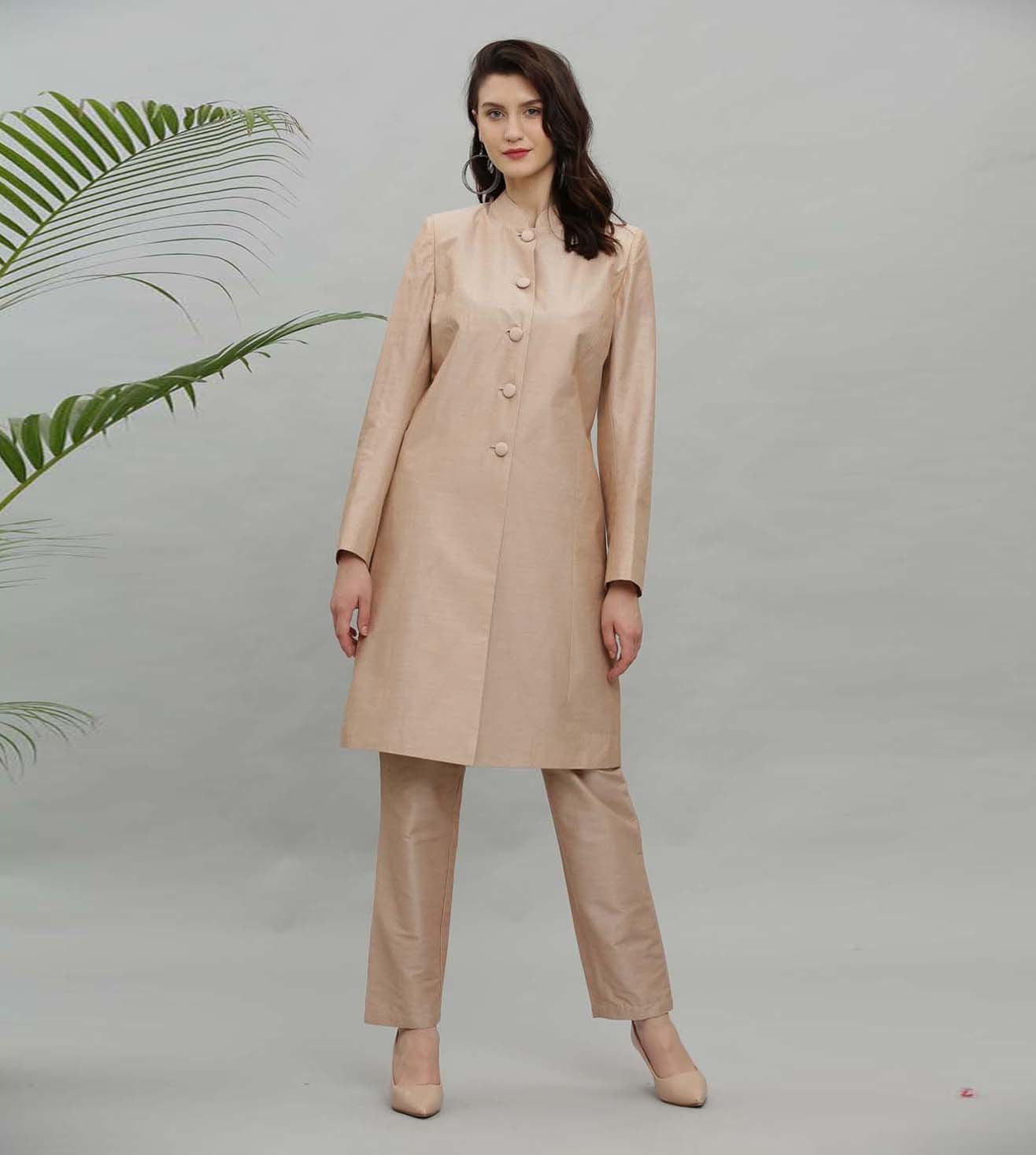 Kaanchie Nanggia Beige Solid Jacket Kurta And Pant - (Set of 2)