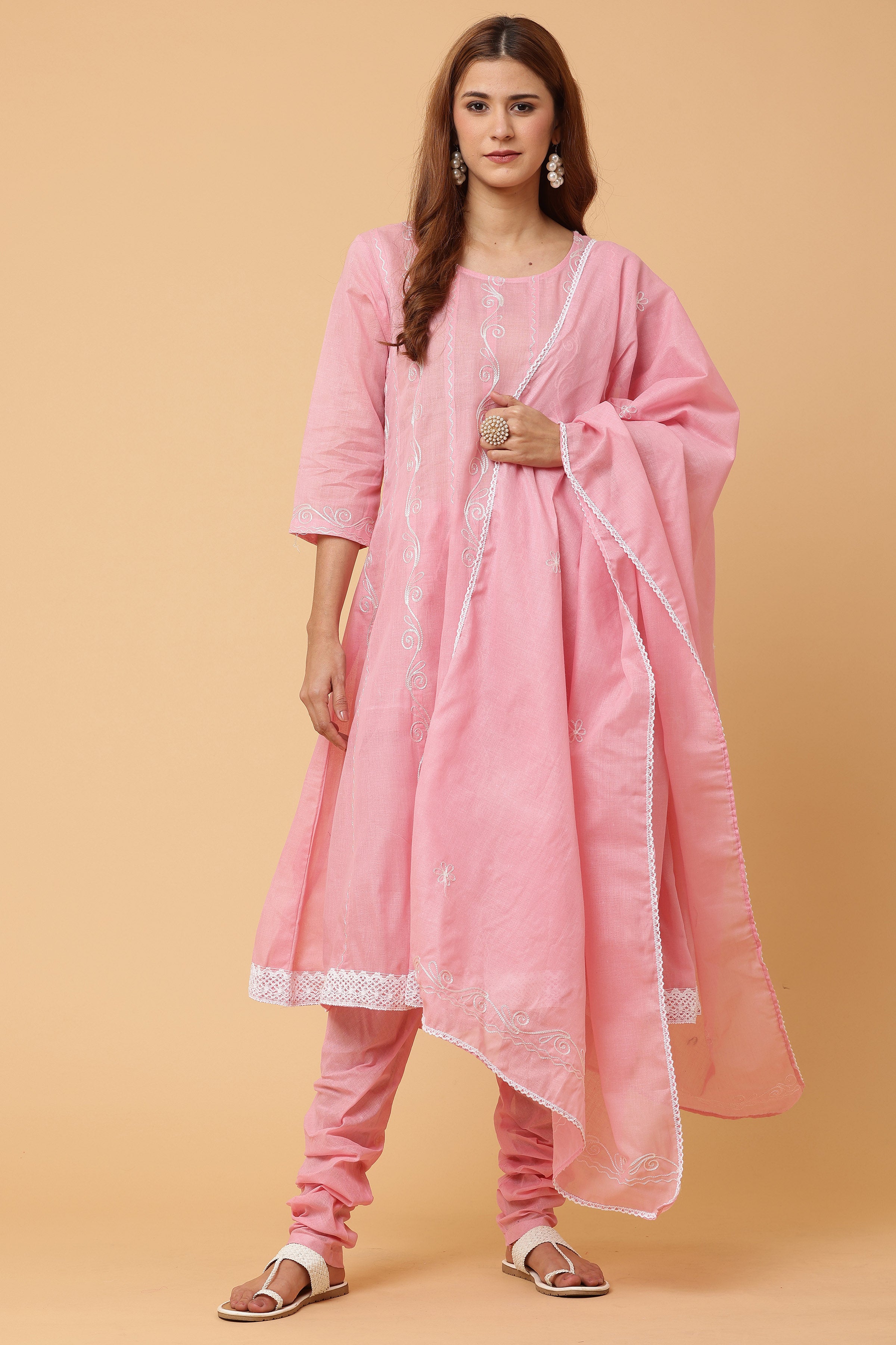 Kaanchie Nanggia Pink Kalidar Emb Kurta Chudidar with Dupatta (Set of 3)