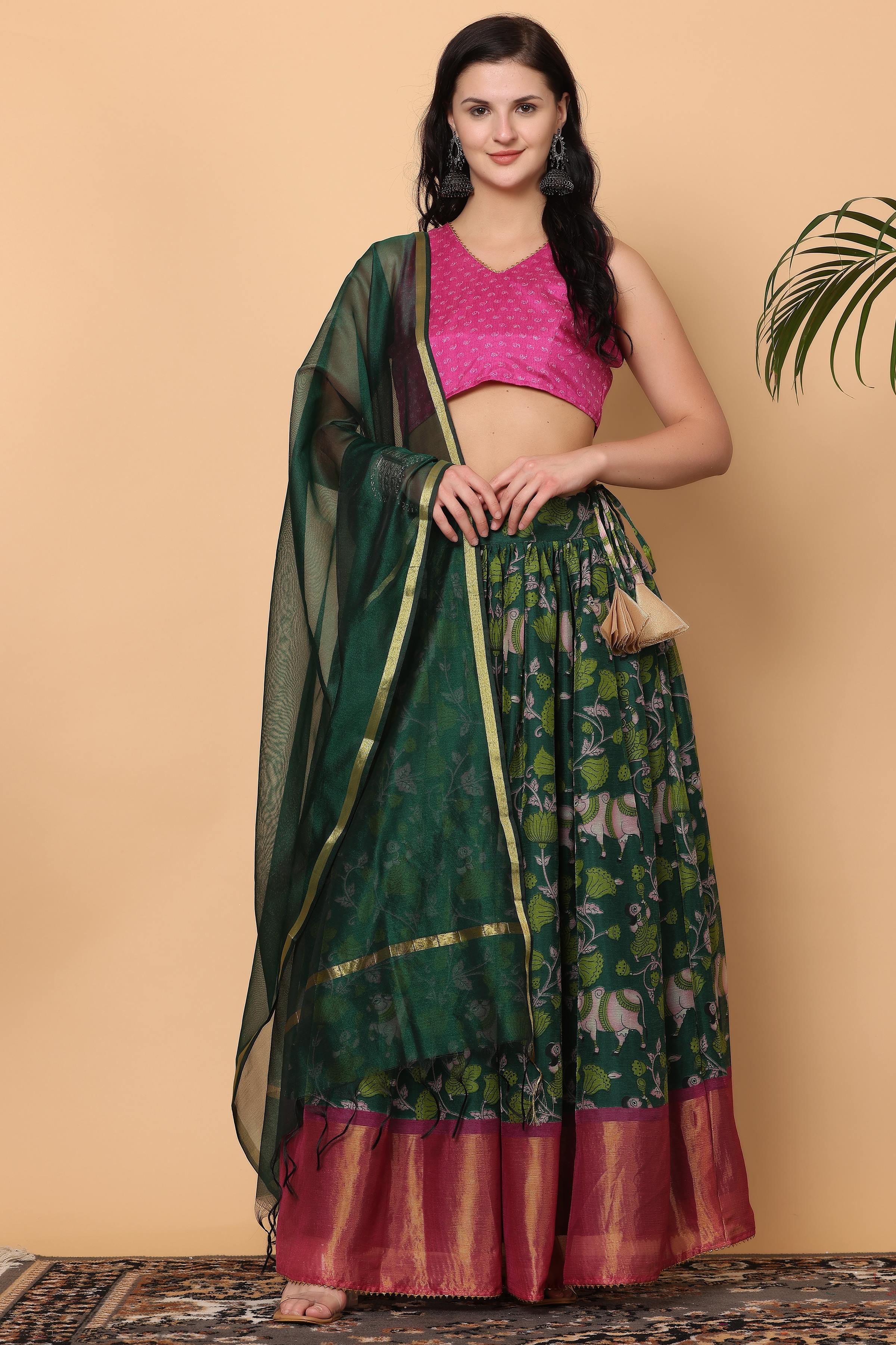 Kaanchie Nanggia Pink Green Lehenga with Blouse and Dupatta (Set of 3)