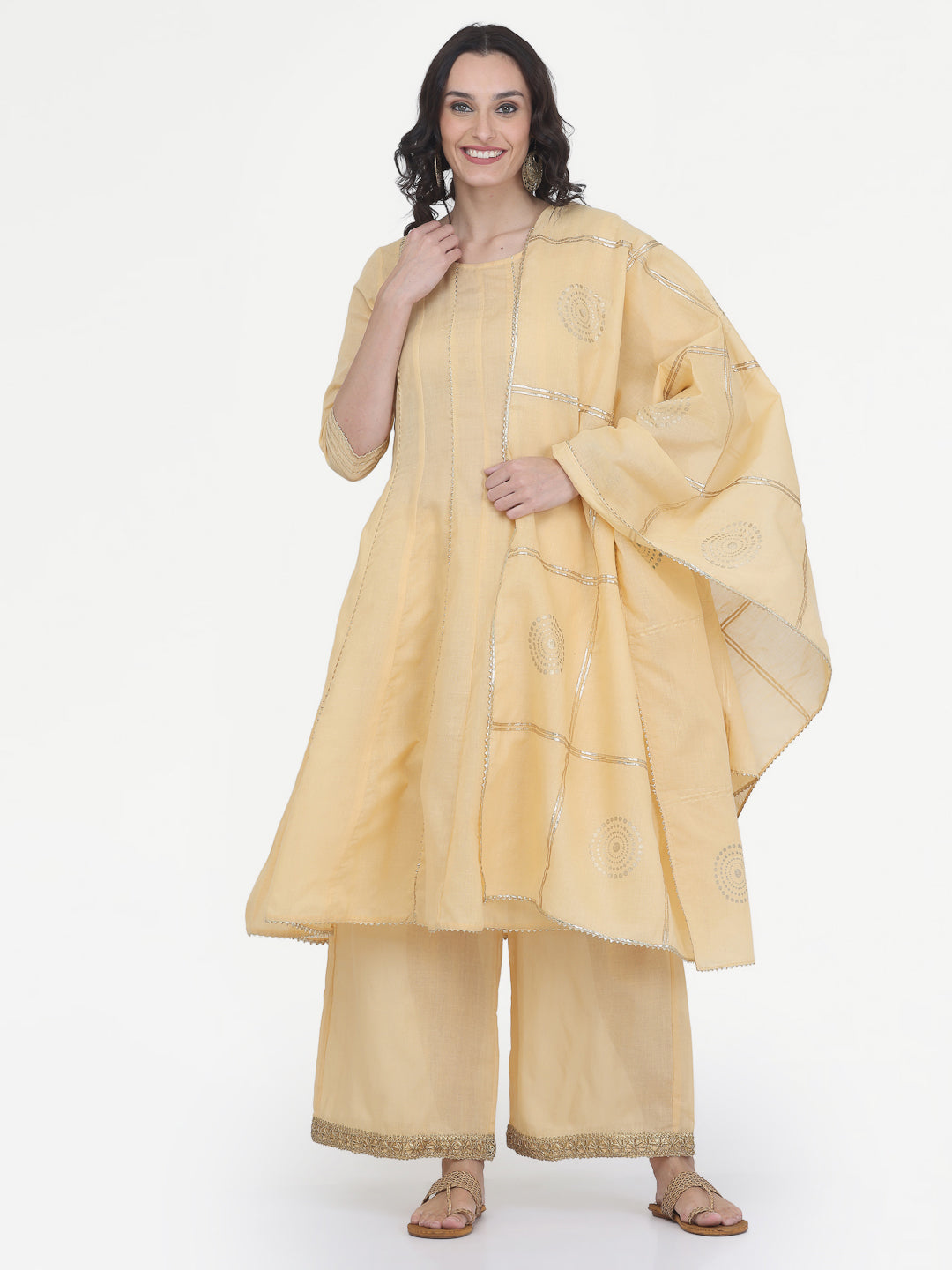 Kaanchie Nanggia Beige Gota Work Kurta Pant with Printed Dupatta (Set of 3)