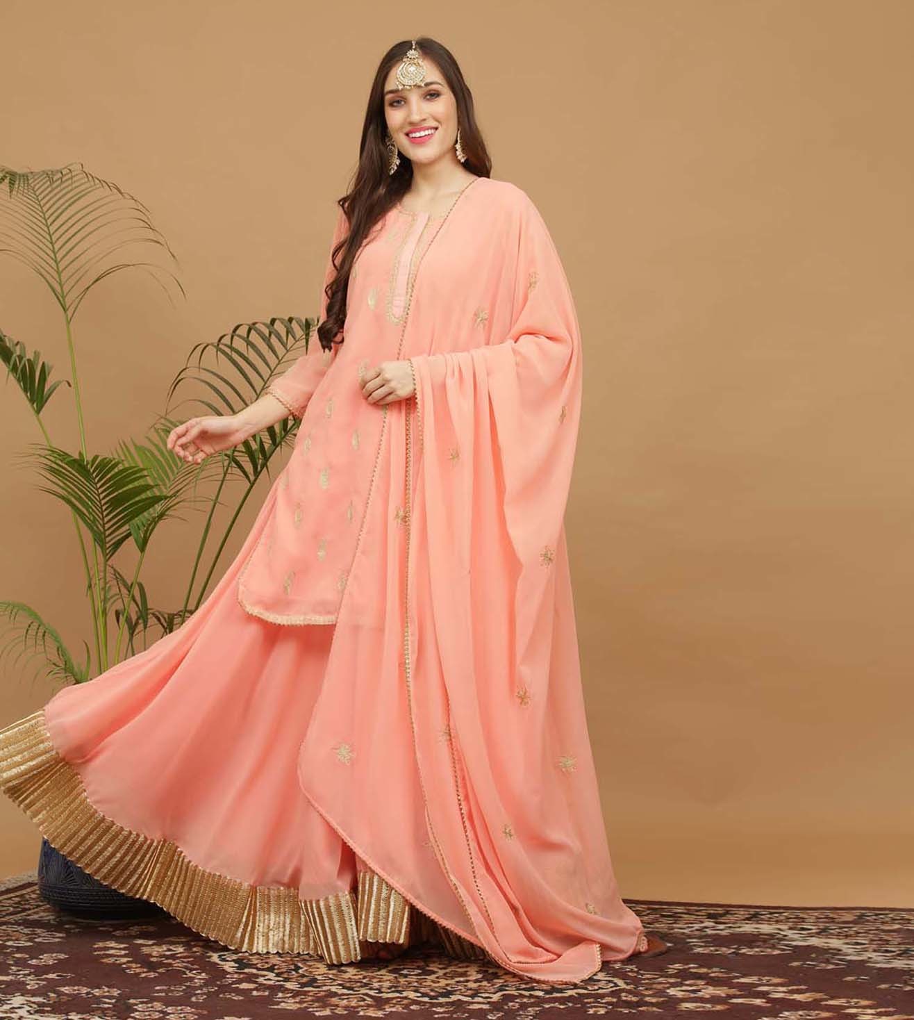 Kaanchie Nanggia Peach Embroidery Georgette Kurta with Skirt & Dupatta(Set of 3)