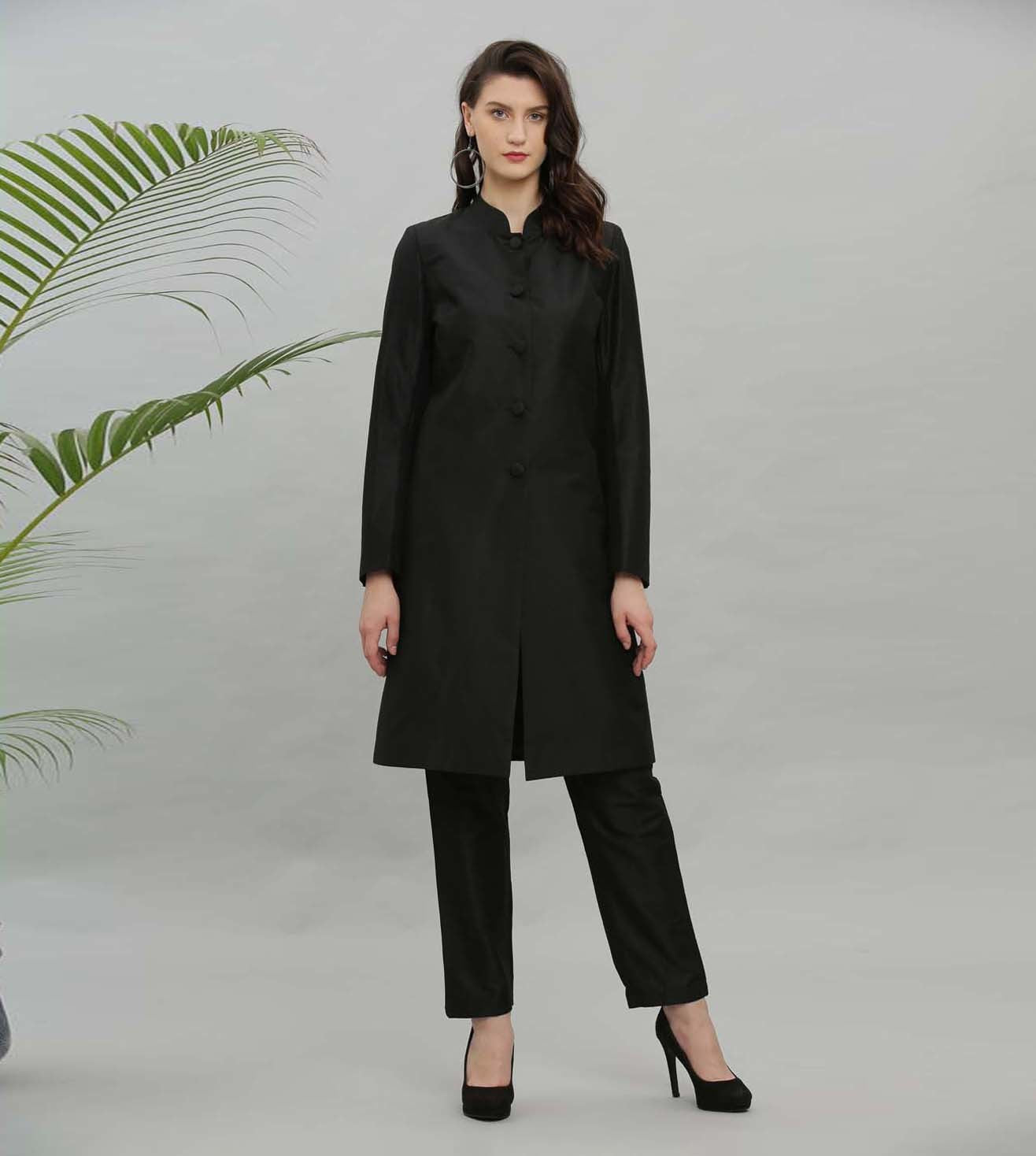 Kaanchie Nanggia Black Solid Jacket Kurta And Pant - (Set of 2)