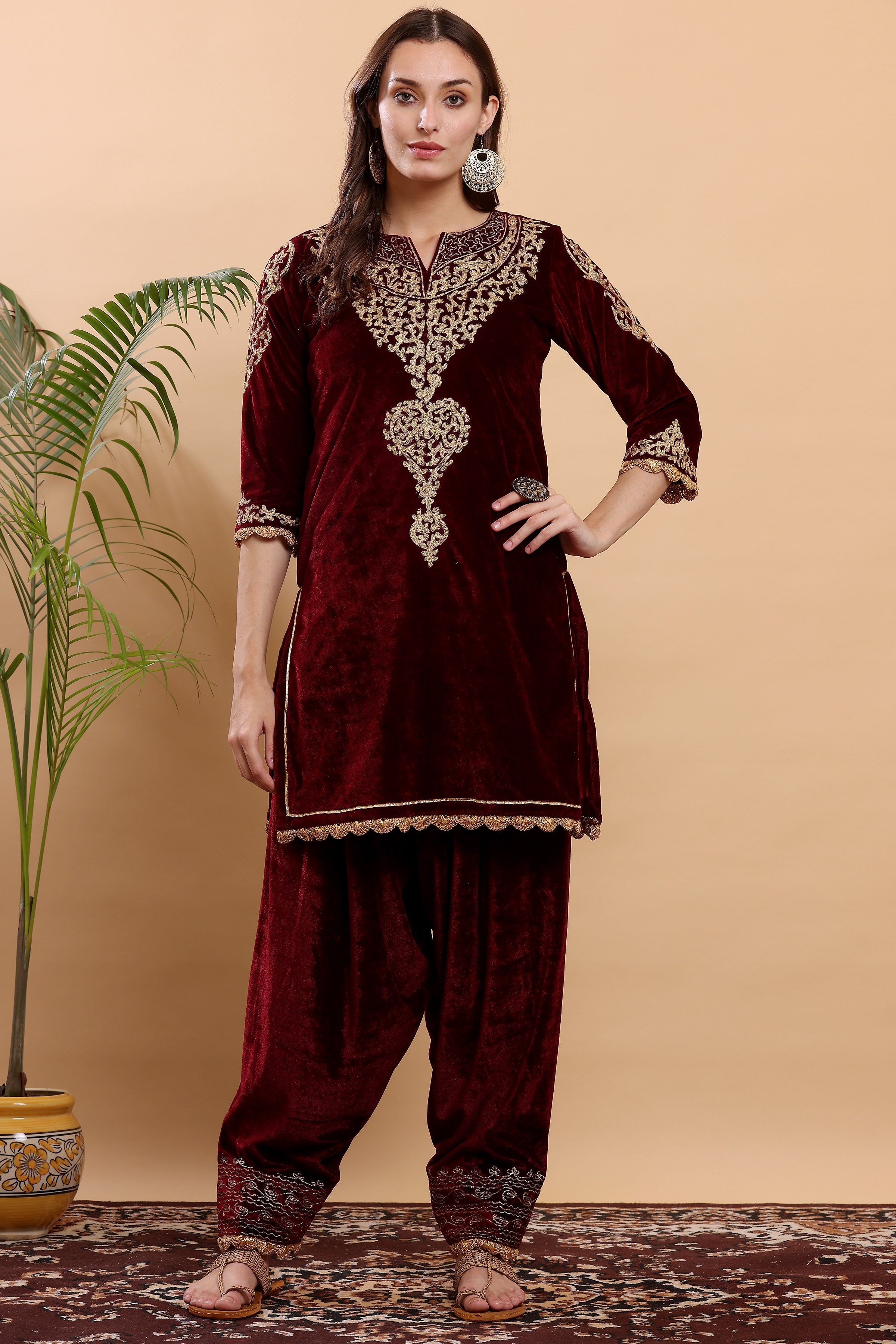 Kaanchie Nanggia Maroon Embroidered Kurta Salwar (Set of 2)