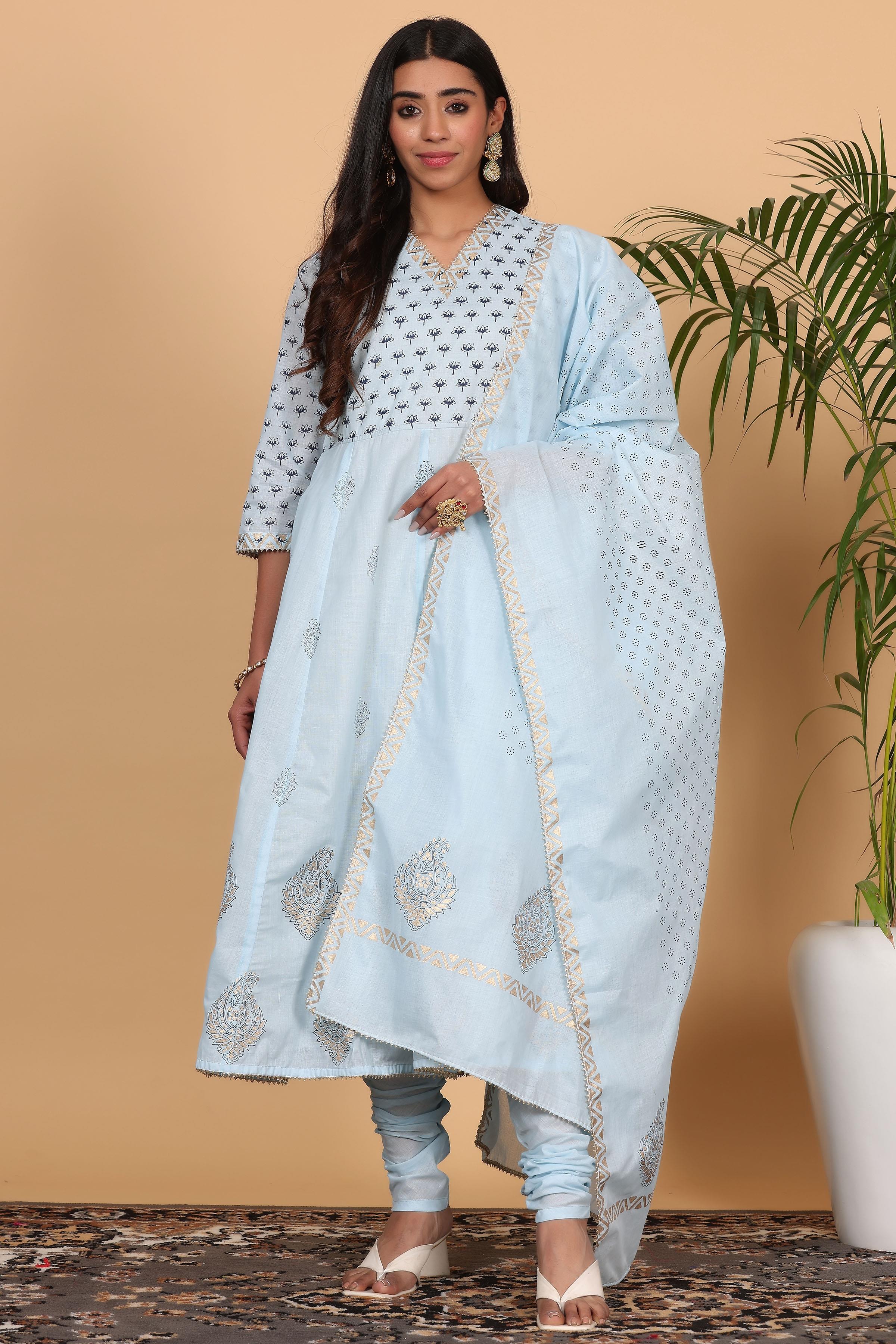 Kaanchie Nanggia Blue Printed Anarkali Kurta Dupatta with Churidar (Set of 3)