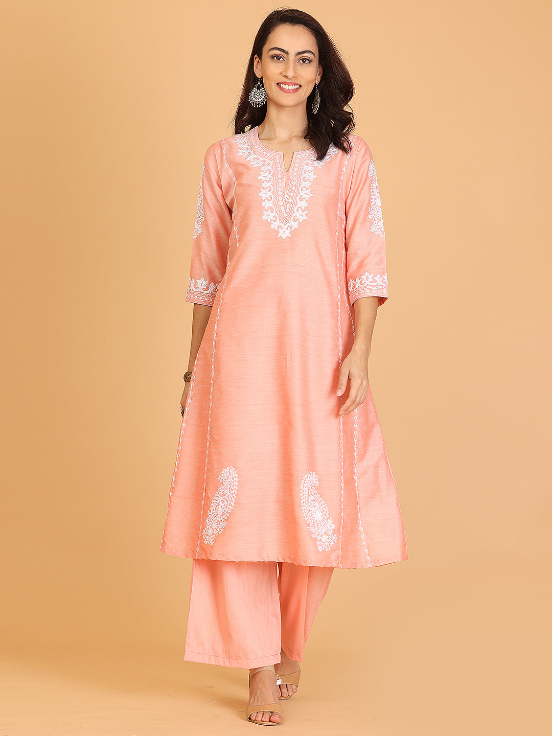 Kaanchie Nanggia Peach Embroidered Cotton Silk Flayred Kurta and Palazzo (Set of 2)