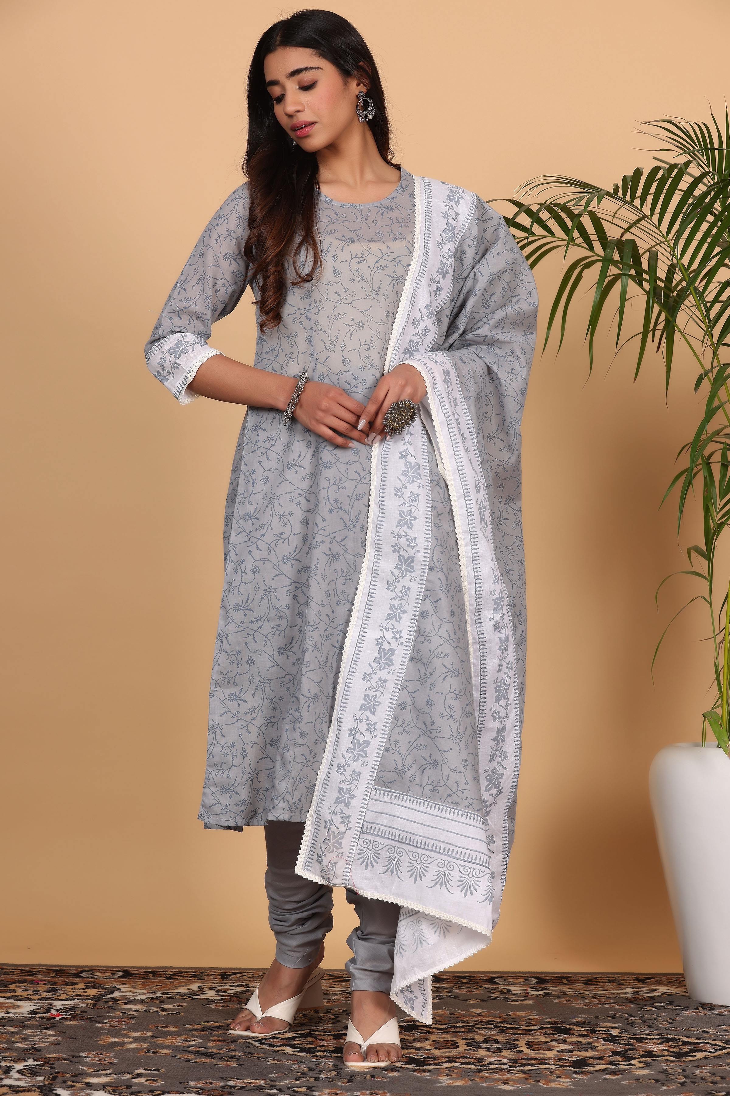 Kaanchie Nanggia Grey Printed Kurta Dupatta with Churidar (Set of 3)