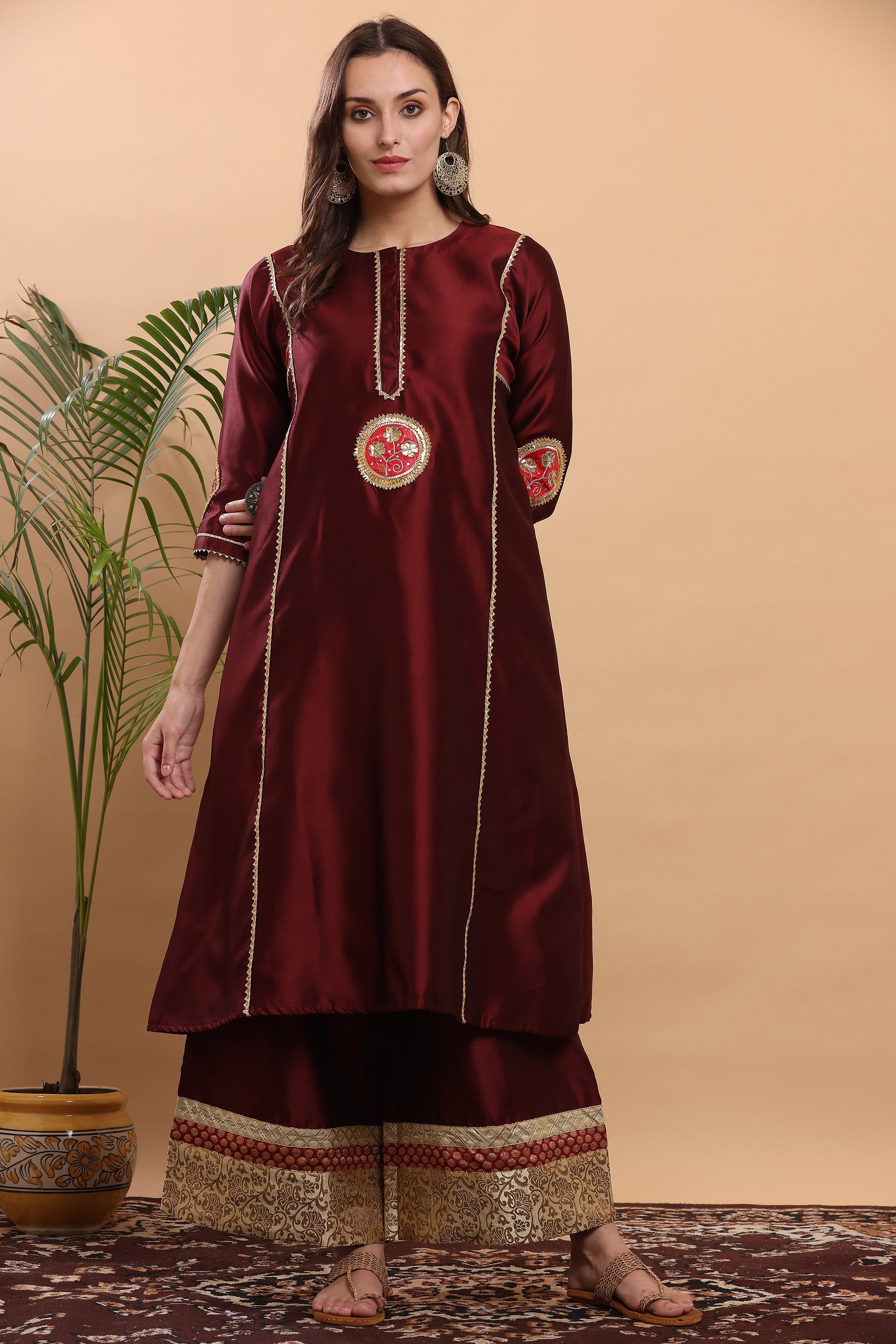 Kaanchie Nanggia Maroon Flayred Gota Work Kurta Palazzo (Set of 2)