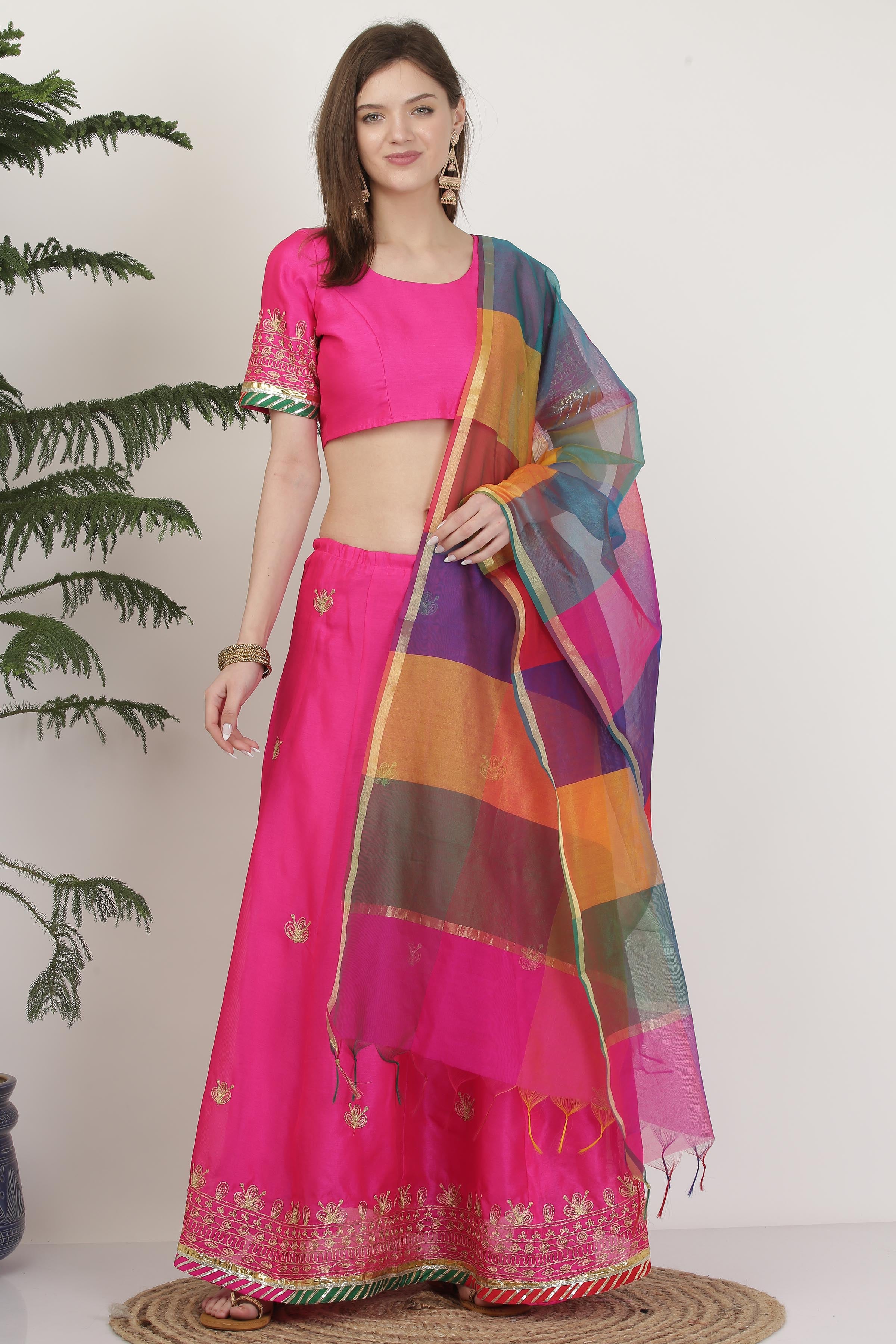 Kaanchie Nanggia Thread Work Silk Ready to Wear Lehenga & Blouse With Dupatta (Set of 3)