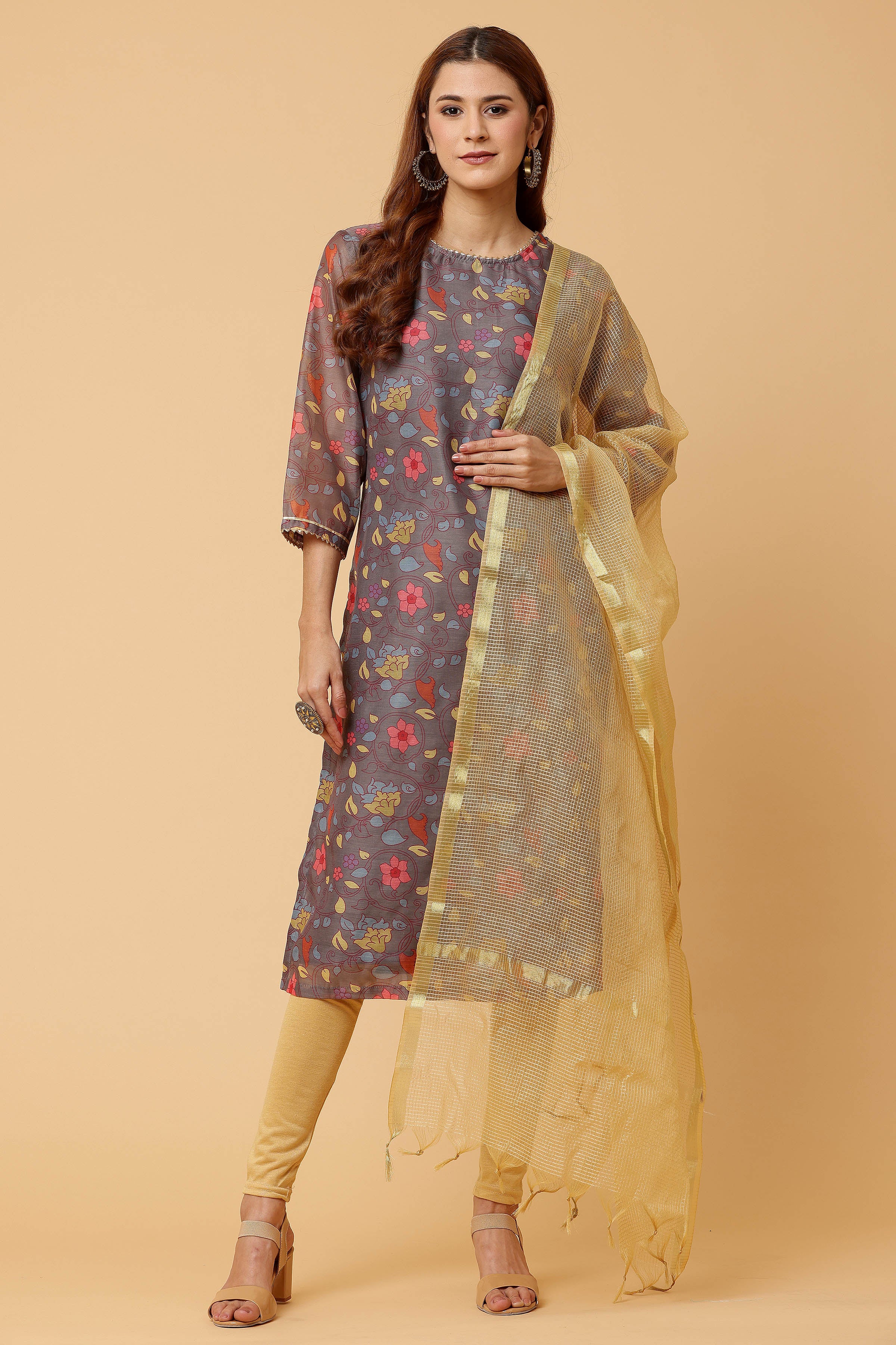 Kaanchie Nanggia Grey Digital Printed Kurta Legging with Dupatta (Set of 3)