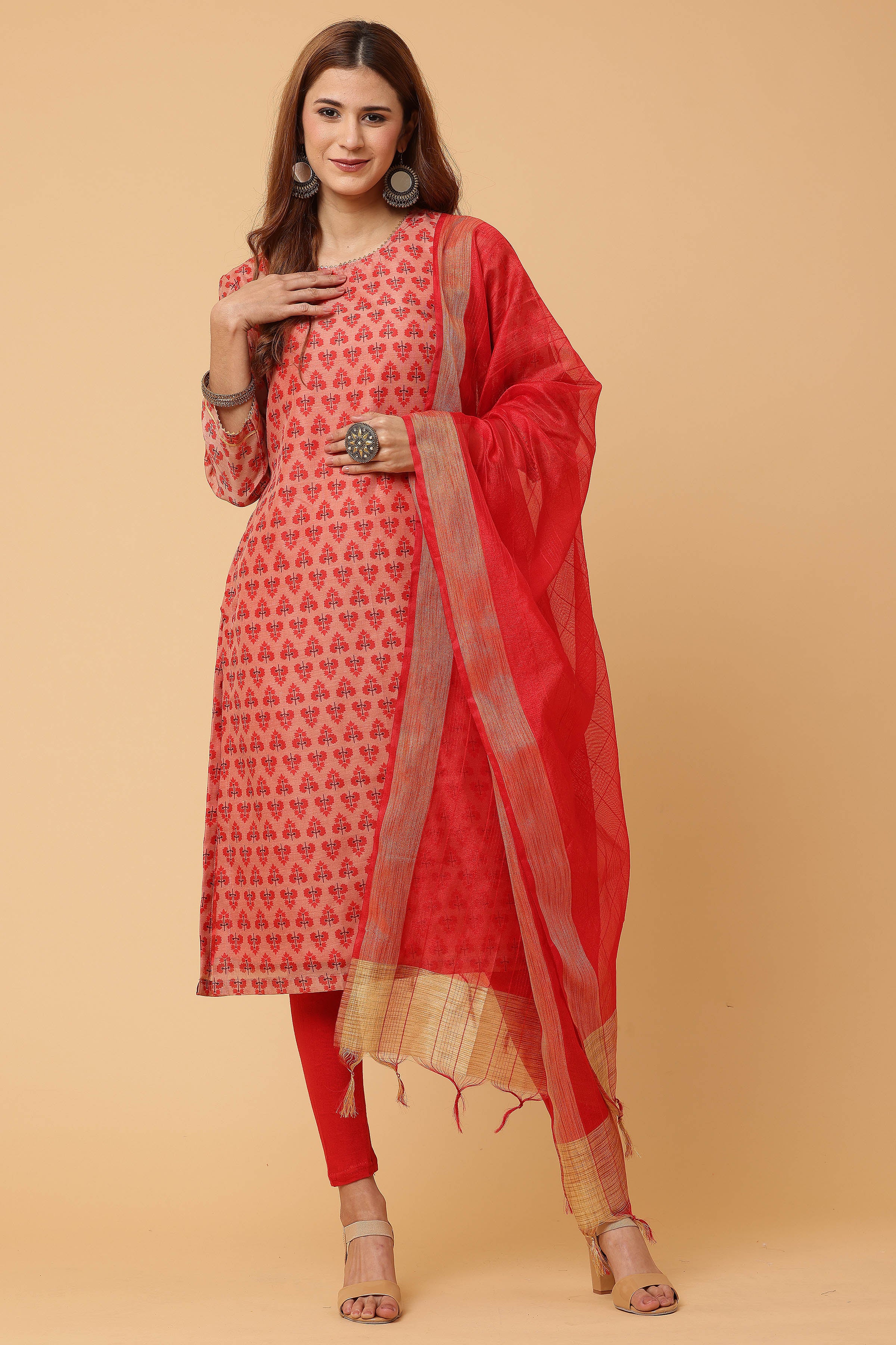 Kaanchie Nanggia Peach Digital Printed Kurta Legging with Dupatta (Set of 3)