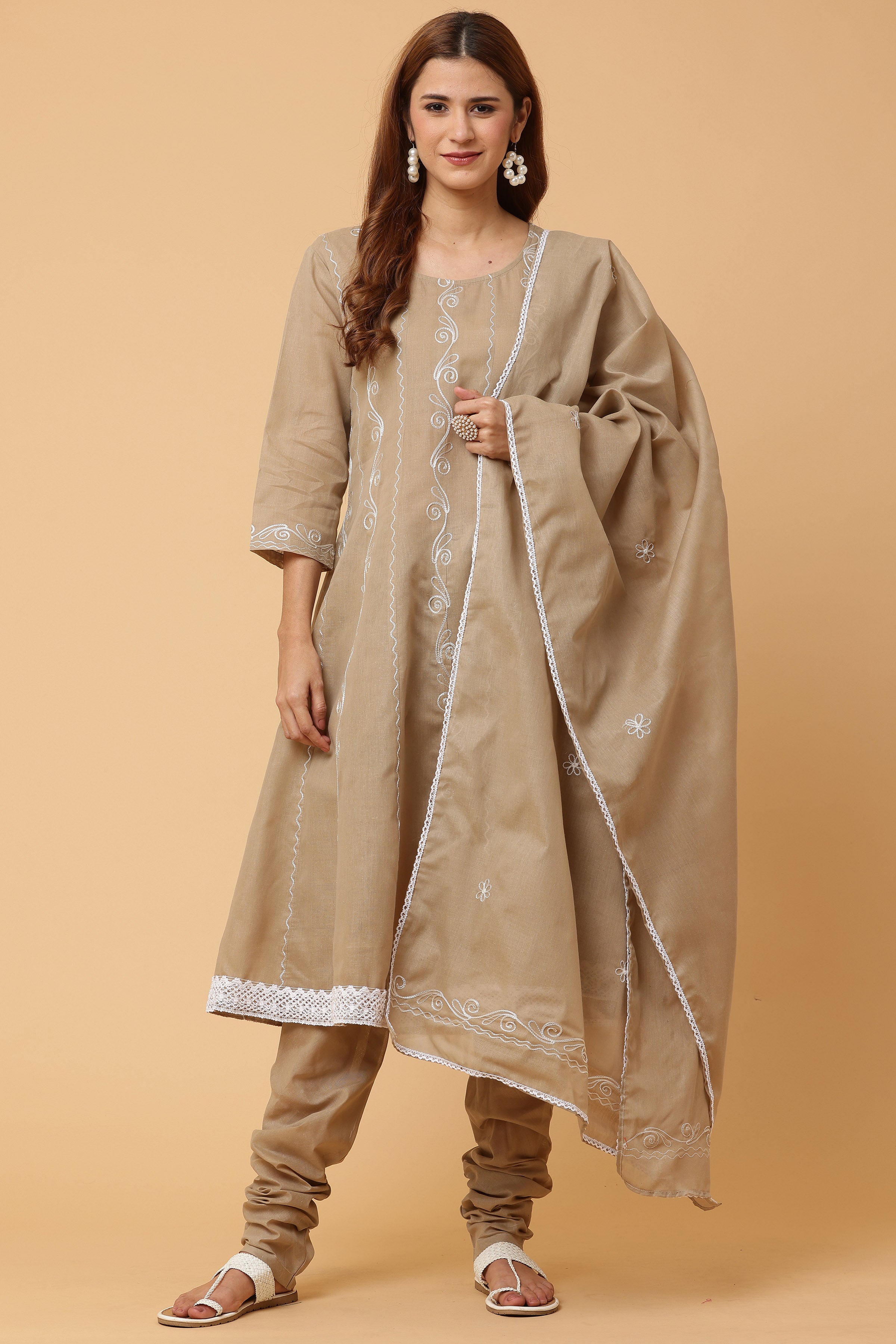 Kaanchie Nanggia Beige Kalidar Emb Kurta Chudidar with Dupatta (Set of 3)