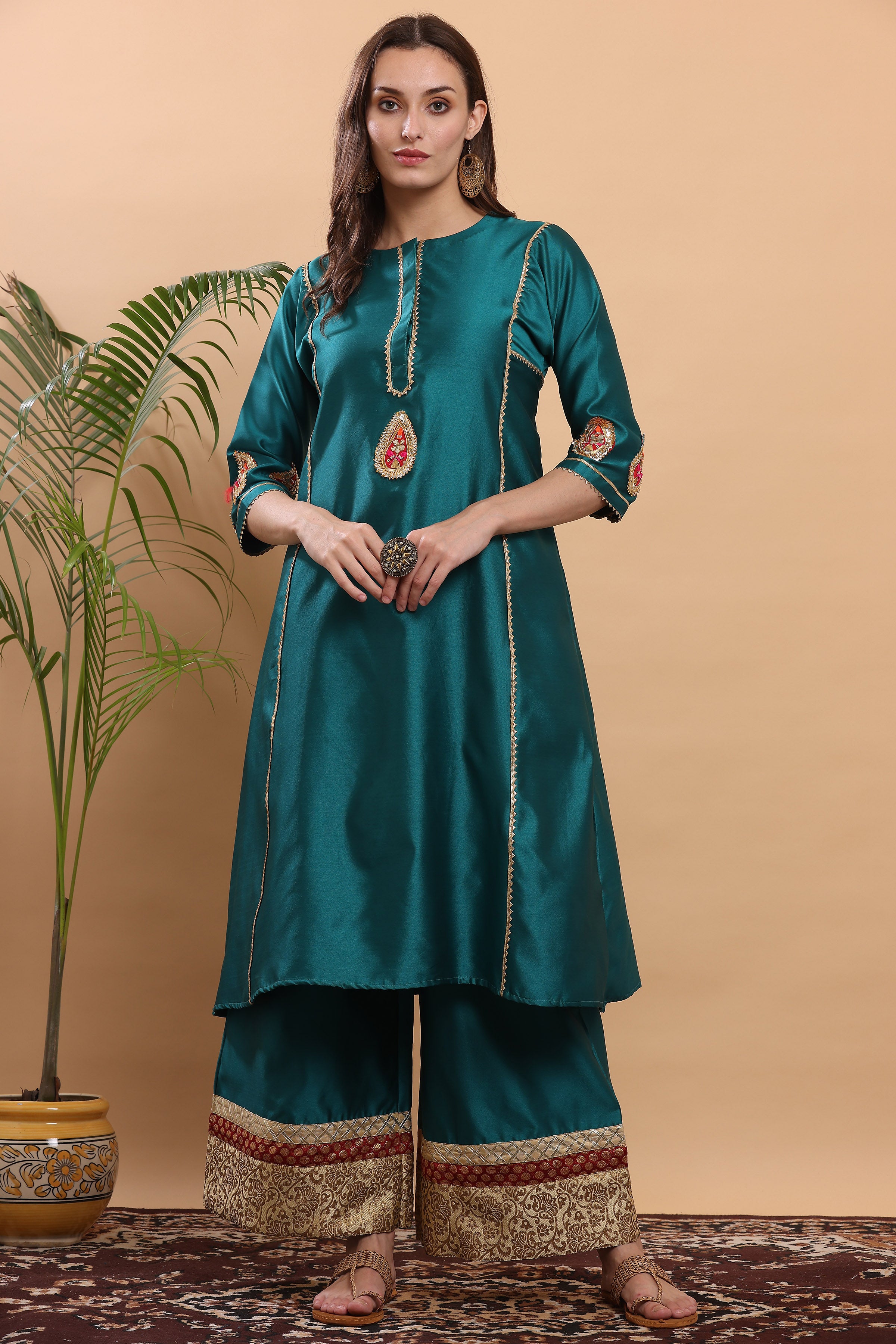 Kaanchie Nanggia Teal Flayred Gota Work Kurta Palazzo (Set of 2)