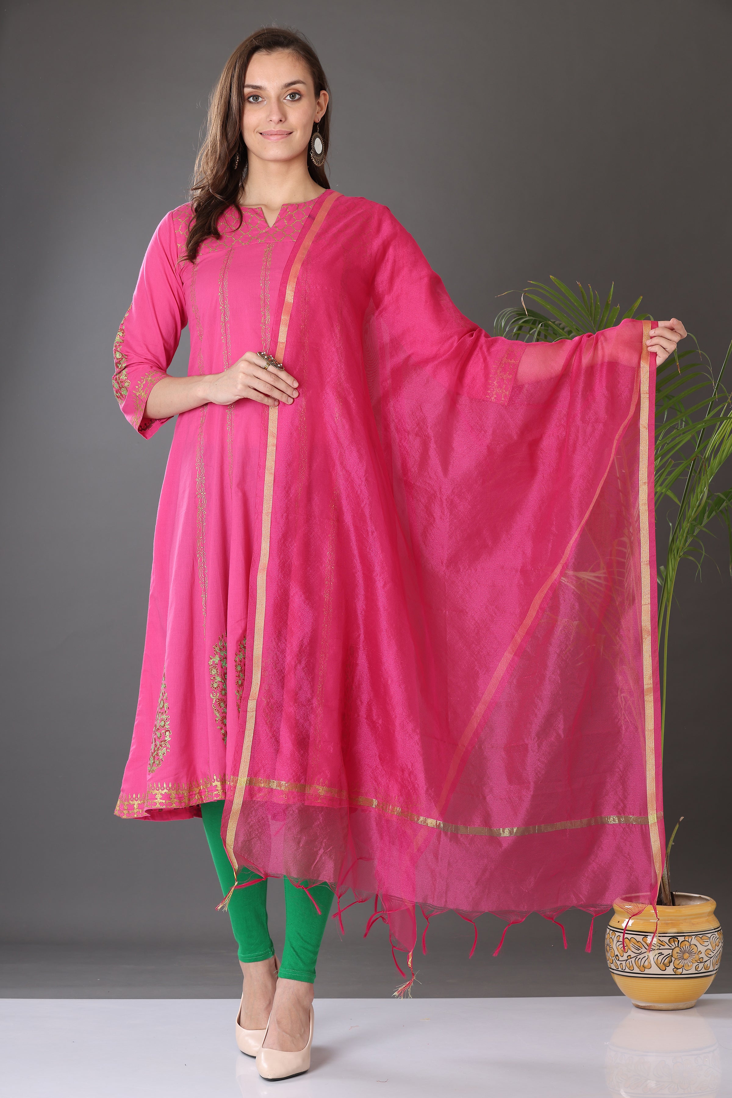 Kaanchie Nanggia Pink Block Printed Anarkali with Leggings and Dupatta (Set of 3)