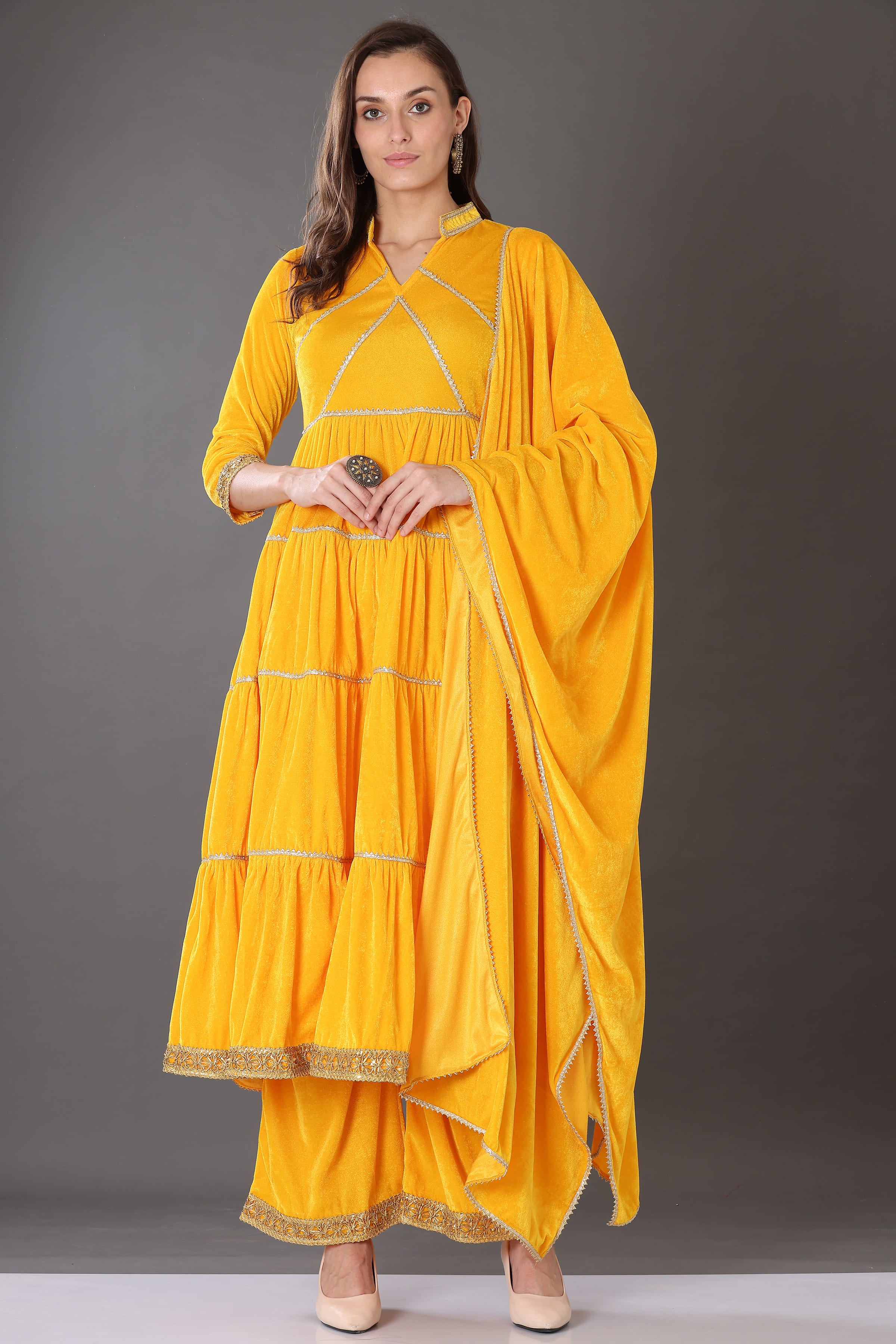 Kaanchie Nanggia Yellow Velvet with Gota Patti Work Flared Kurta Palazzo & Dupatta (Set of 3)