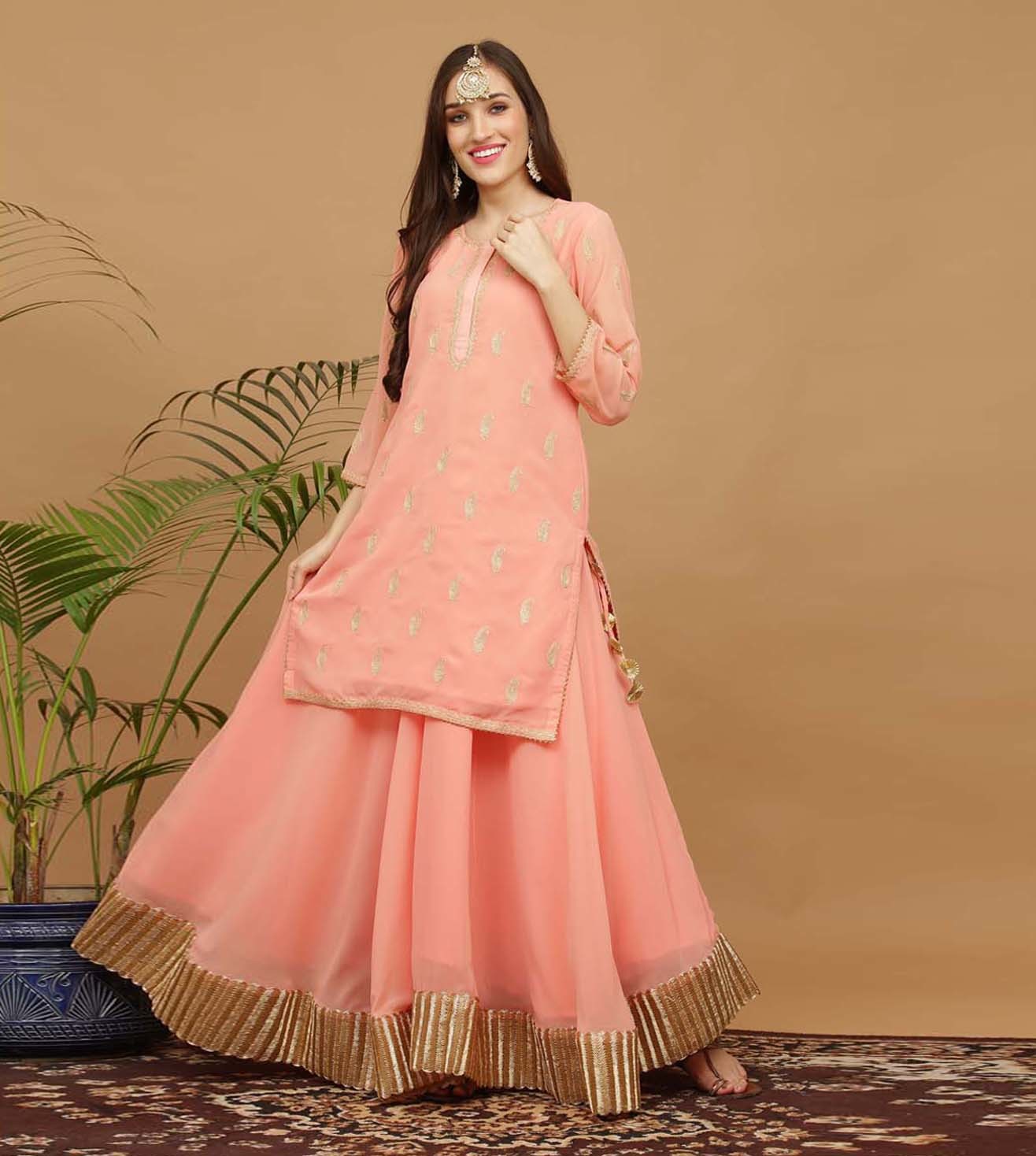 Kaanchie Nanggia Peach Embroidery Georgette Kurta with Skirt (Set of 2)