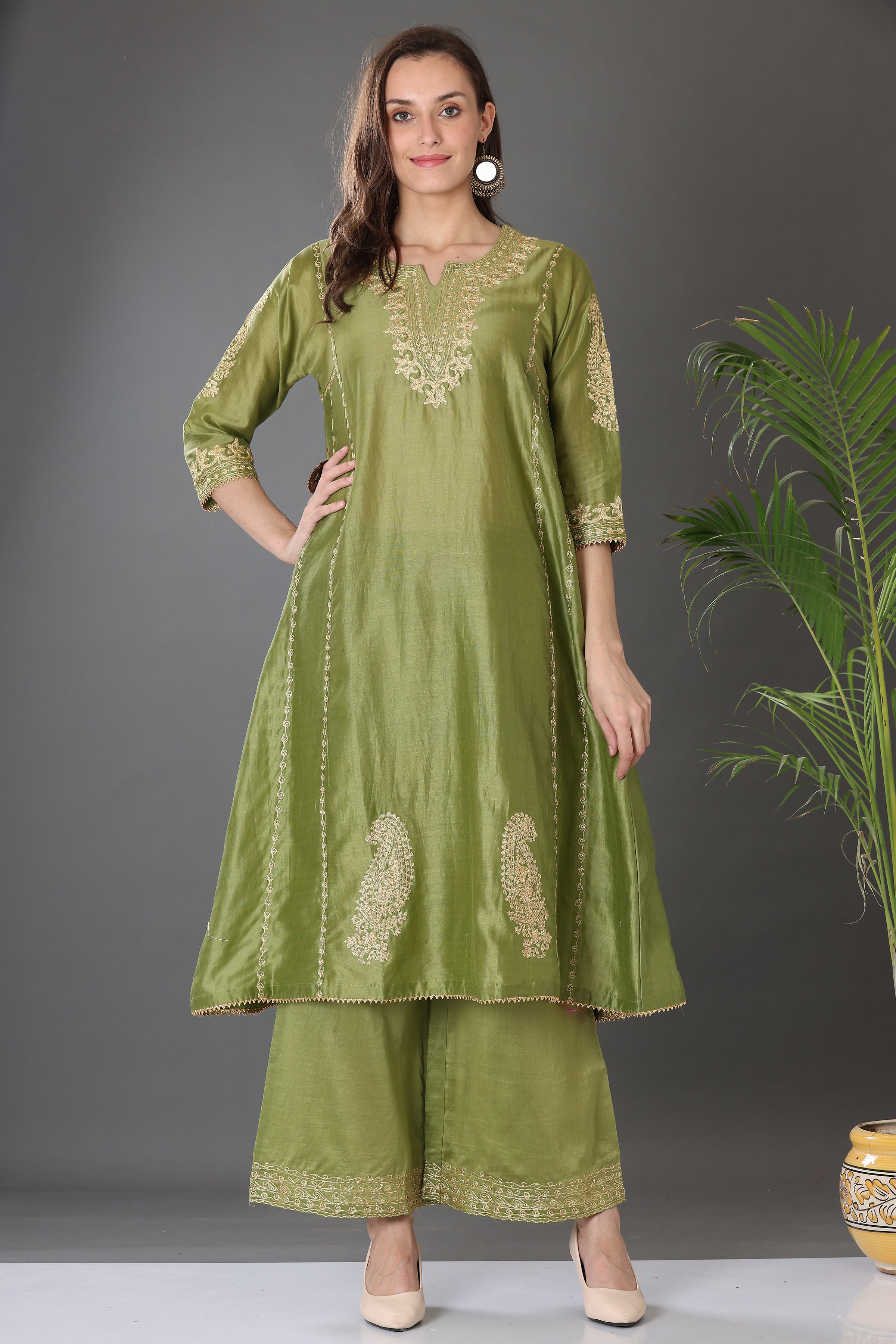 Kaanchie Nanggia Green Embroidered Cotton Silk Kurta Palazzo (Set of 2)