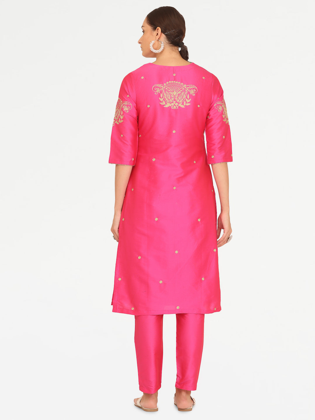 Kaanchie Nanggia Pink Taffeta Embroidered Kurta Pant with Dupatta (Set of 3)