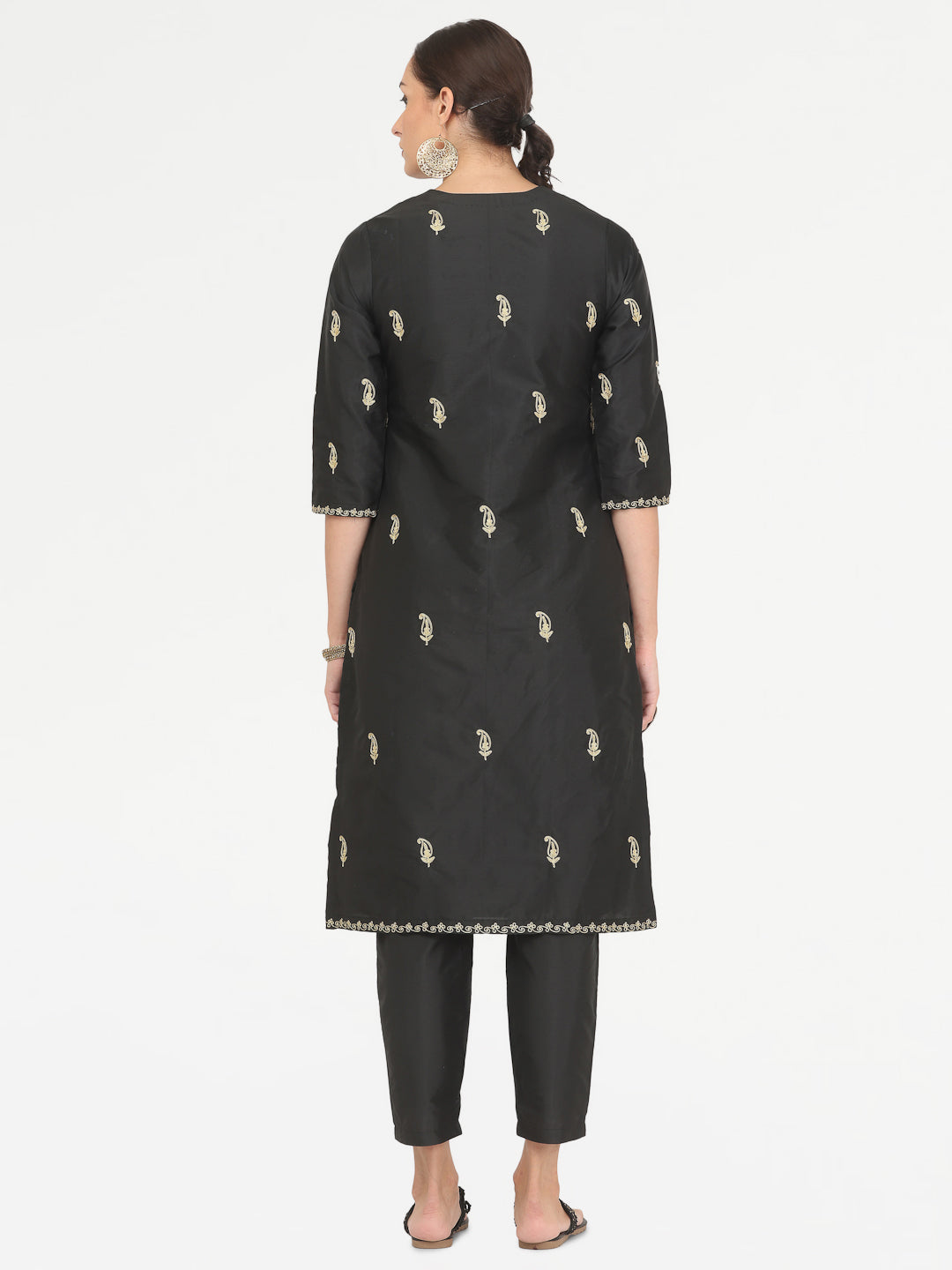 Kaanchie Nanggia Black Taffeta Embroidered Kurta Pant with Dupatta (Set of 3)