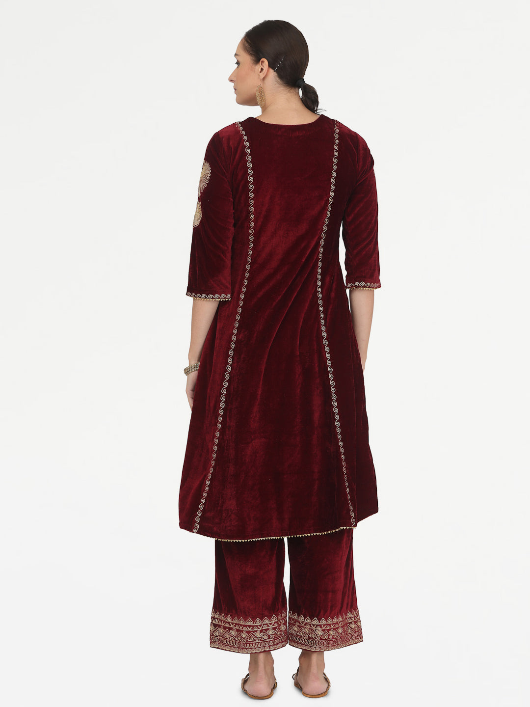 Kaanchie Nanggia Maroon Embroidered Kurta Palazzo with Chanderi Dupatta (Set of 3)