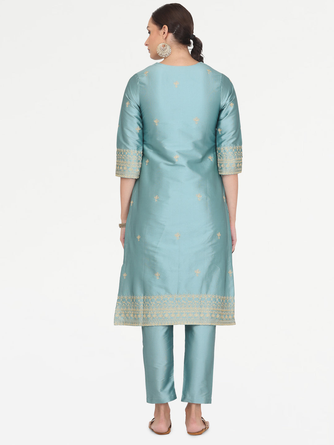 Kaanchie Nanggia Blue Taffeta Embroidered Kurta Pant with Dupatta (Set of 3)