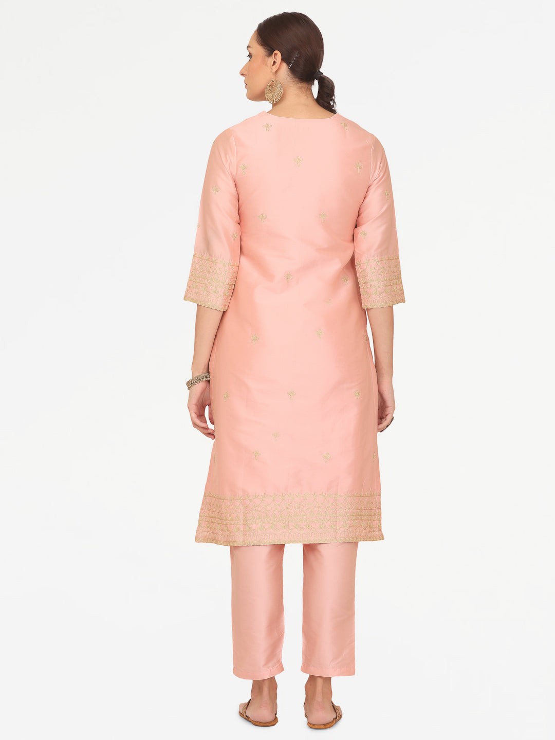 Kaanchie Nanggia Peach Taffeta Embroidered Kurta Pant with Dupatta (Set of 3)