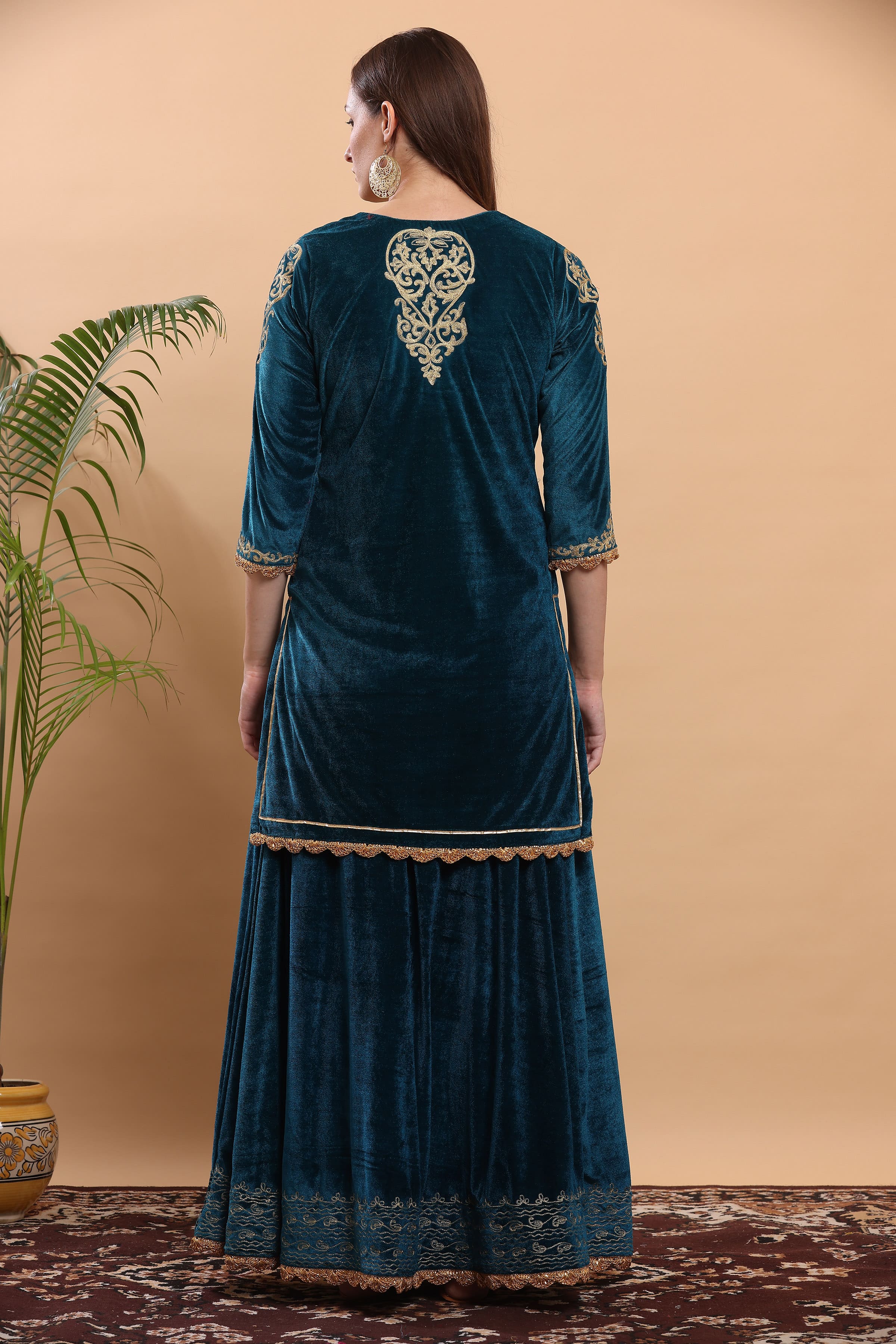 Kaanchie Nanggia Teal Green Embroidered Kurta Lehenga (Set of 2)