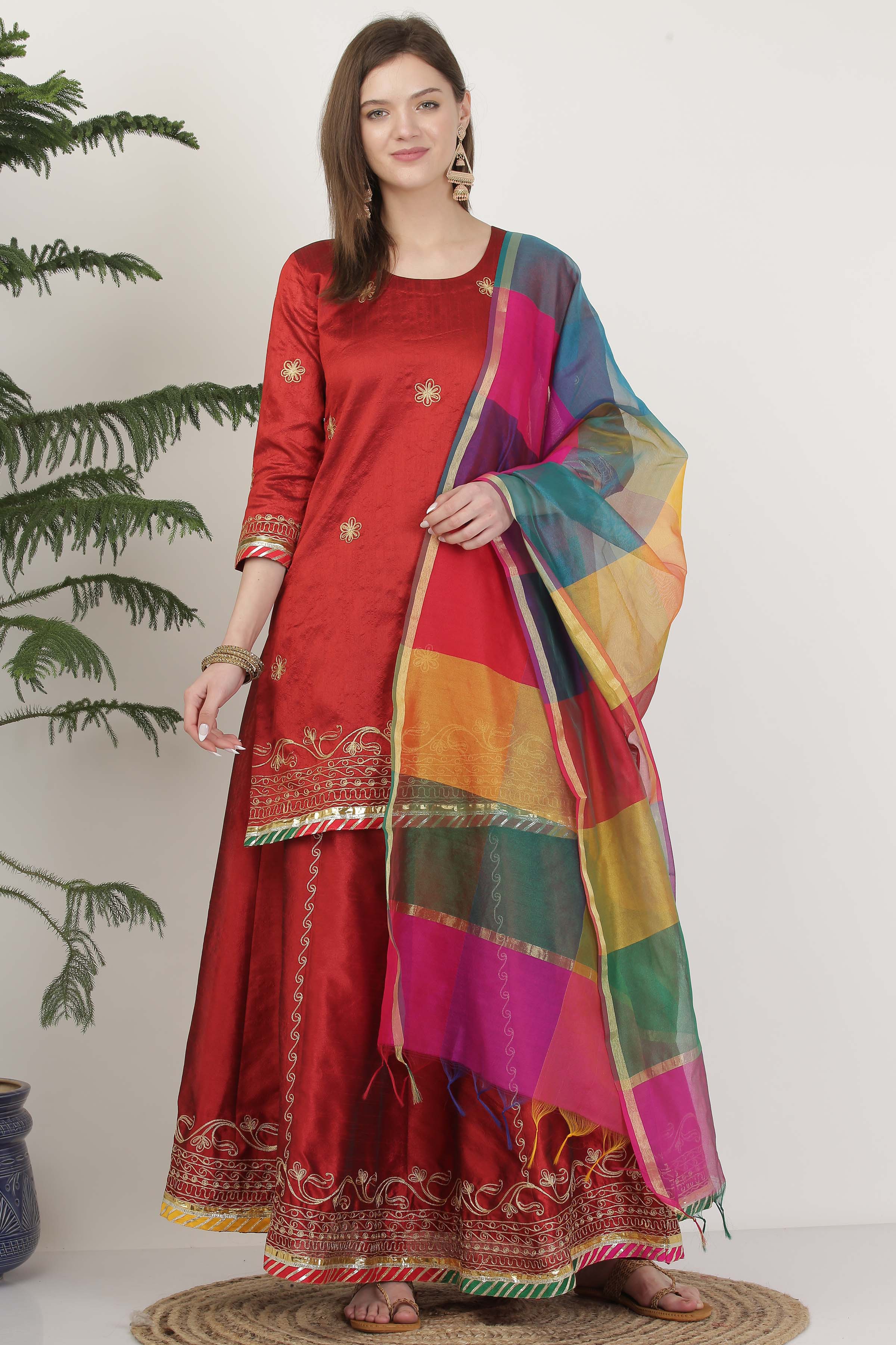 Kaanchie Nanggia Round Neck Zari Silk Ready to Wear Lehenga (Set of 3)