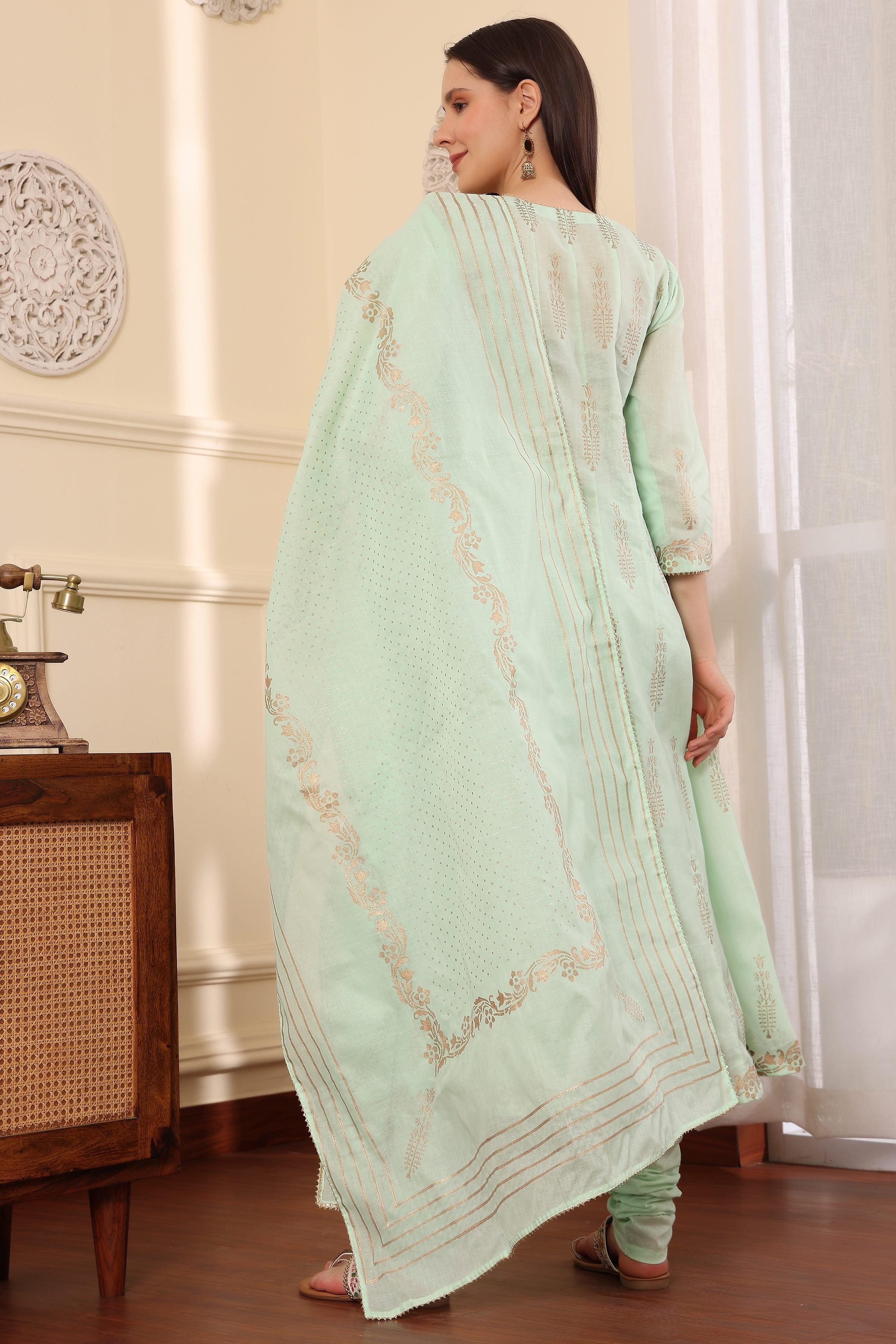 Kaanchie Nanggia Lime Green Printed Kalidar Kurta Dupatta with Churidar (Set of 3)