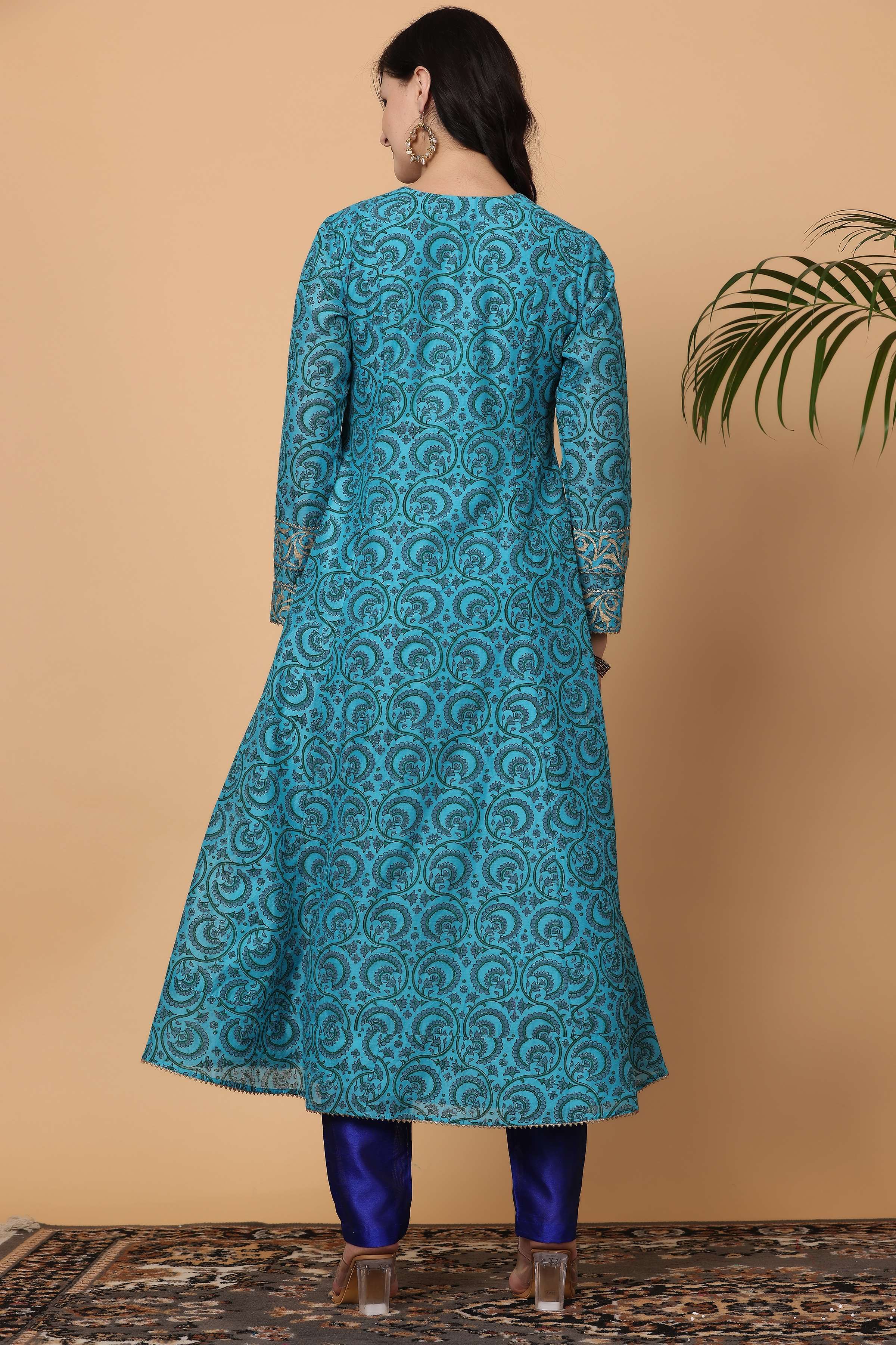 Kaanchie Nanggia Blue Chanderi Kalidar Printed Kurta Dupatta with Pants (Set of 3)