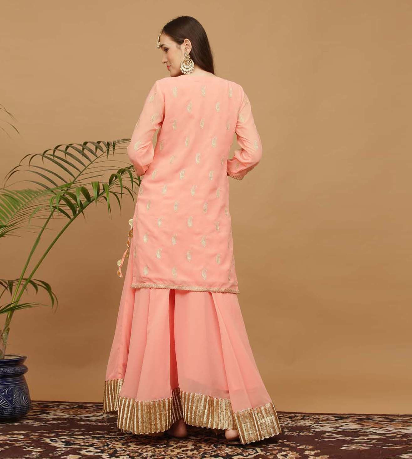 Kaanchie Nanggia Peach Embroidery Georgette Kurta with Skirt (Set of 2)
