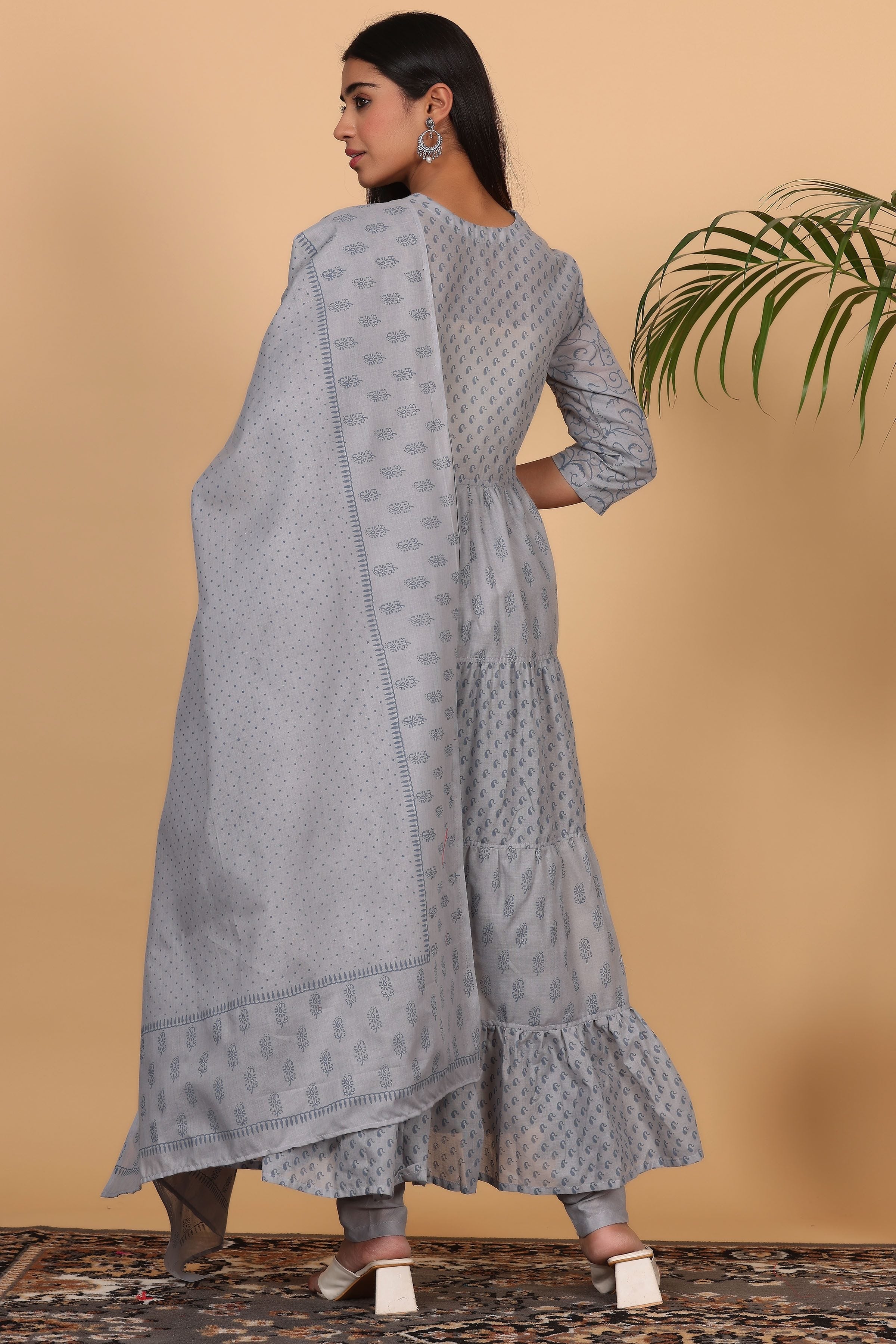 Kaanchie Nanggia Grey Cotton Printed Anarkali Kurta Dupatta with Churidar (Set of 3)