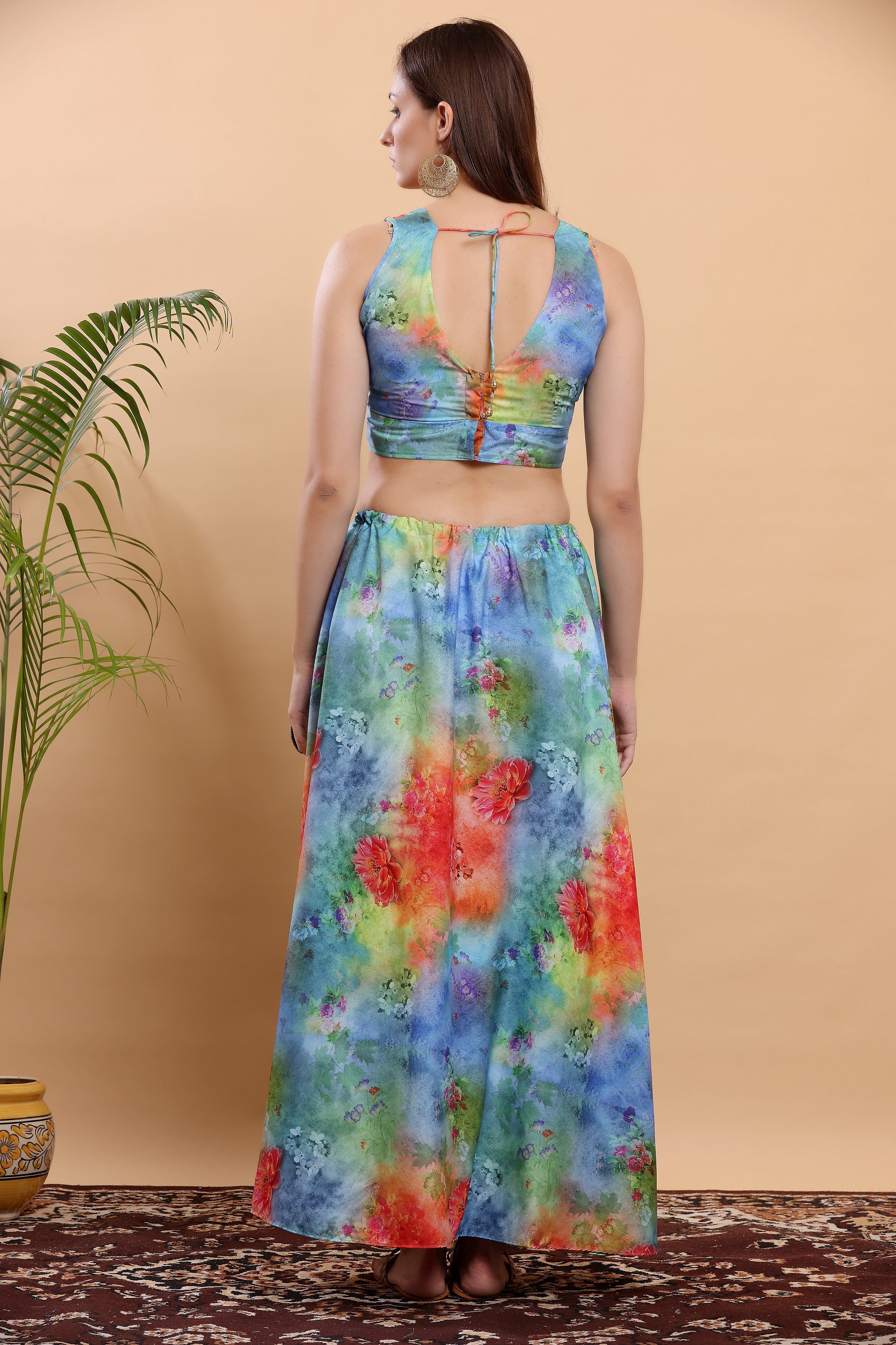 Kaanchie Nanggia Blue & Orange Printed Ready to Wear Lehenga & Choli (Set of 2)