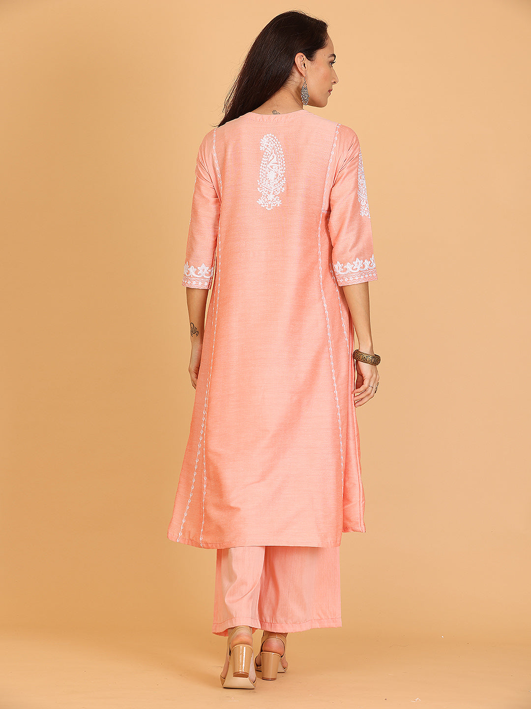 Kaanchie Nanggia Peach Embroidered Cotton Silk Flayred Kurta and Palazzo (Set of 2)